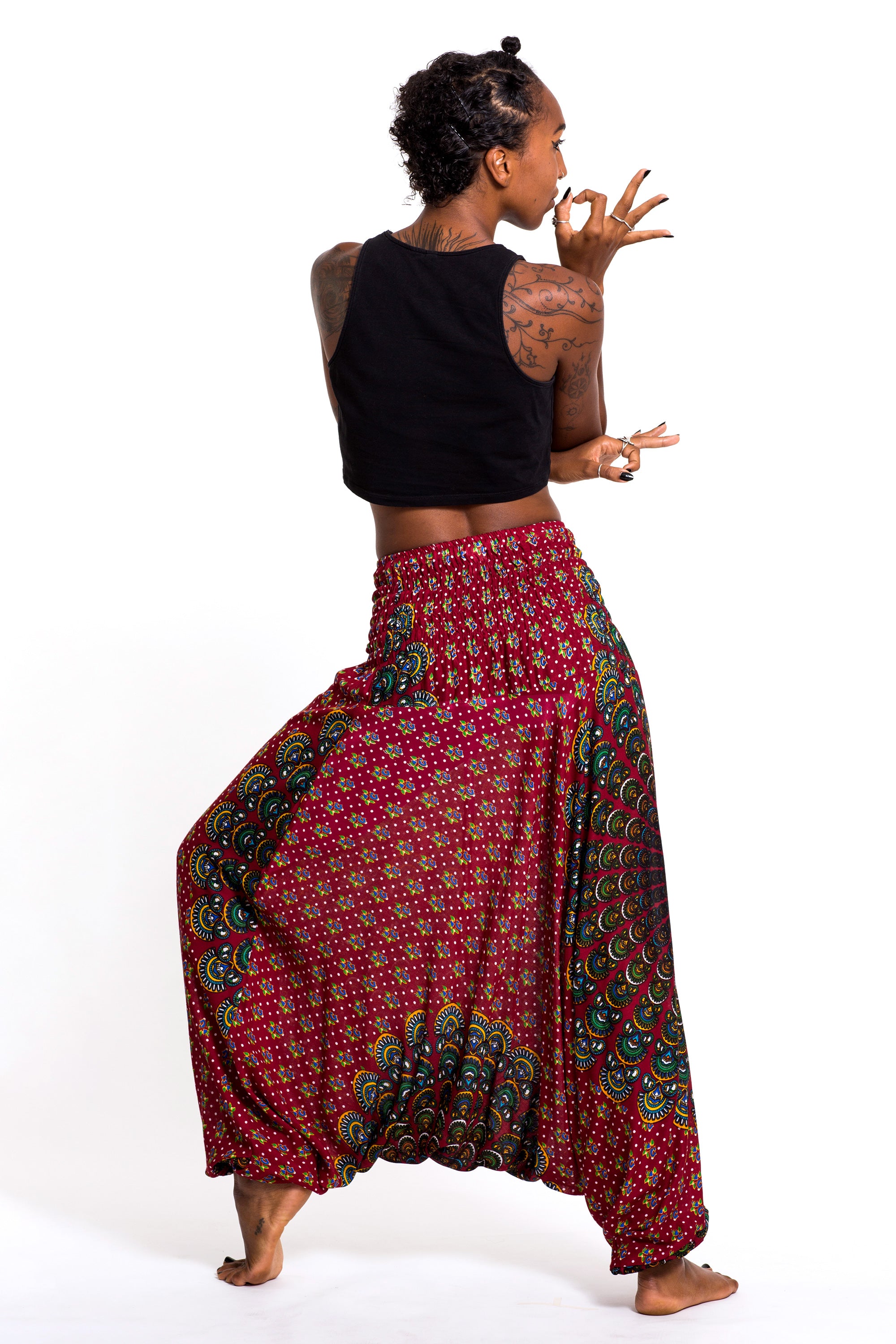 Peacock Mandalas 2-in-1 Jumpsuit Harem Pants in Red