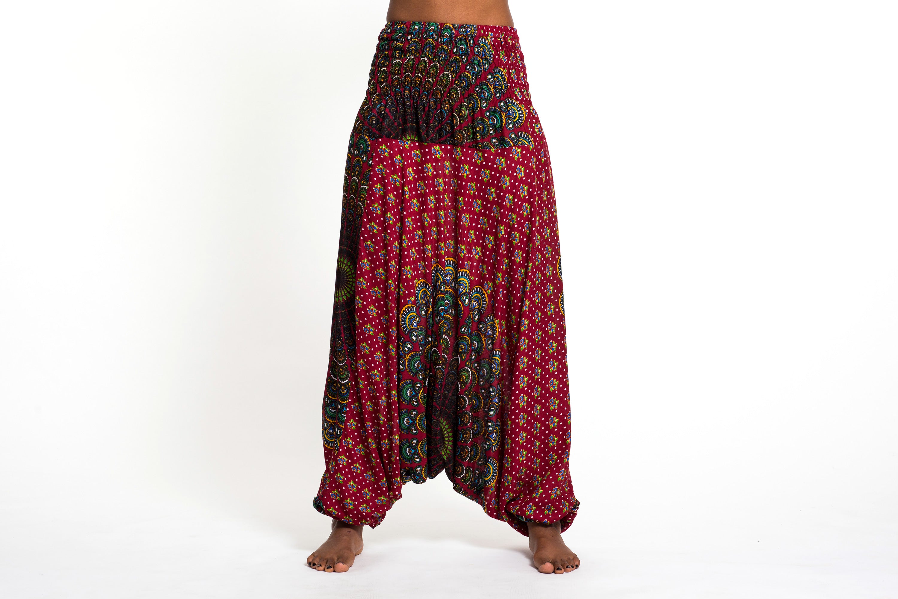 Peacock Mandalas 2-in-1 Jumpsuit Harem Pants in Red