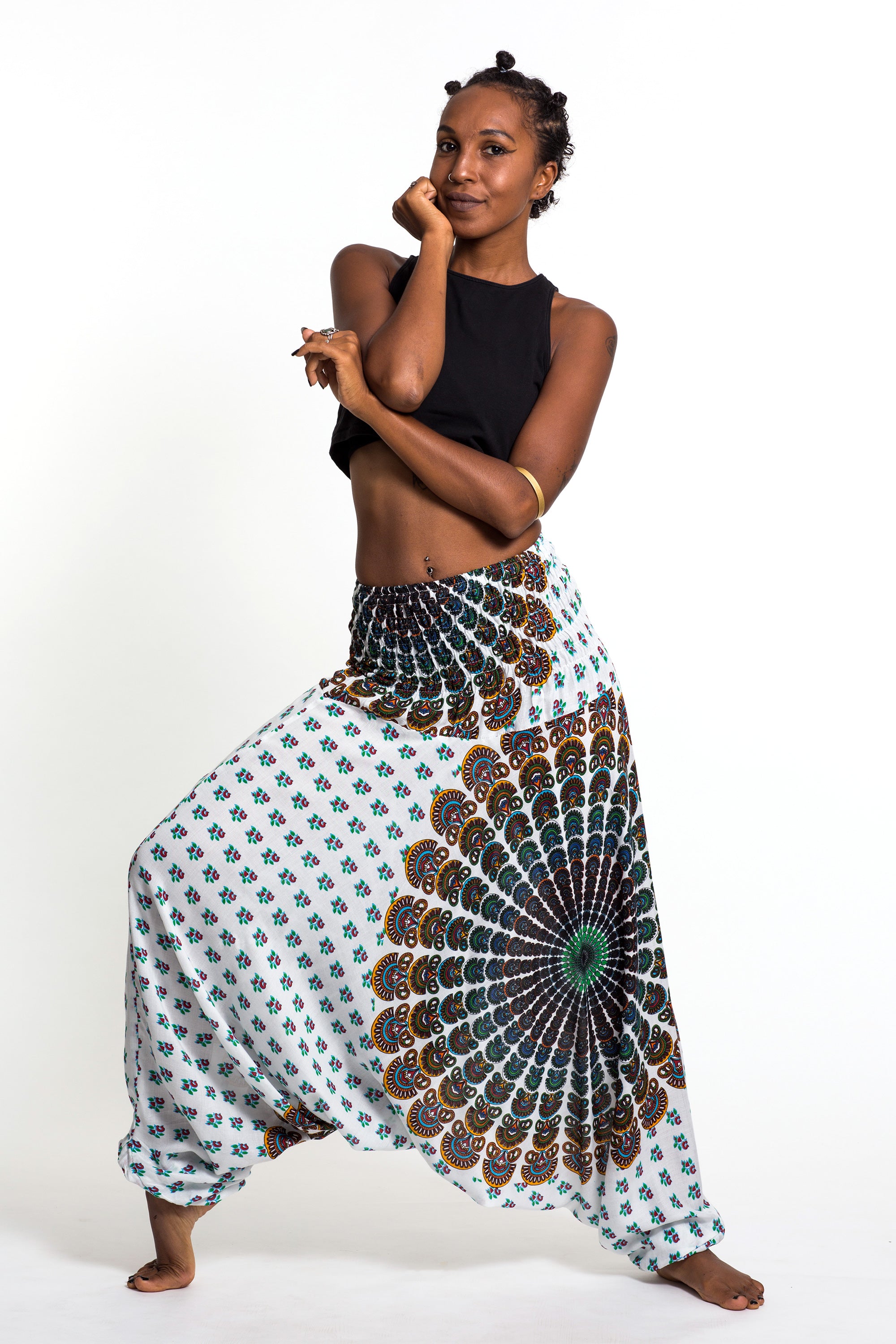 Peacock Mandalas 2-in-1 Jumpsuit Harem Pants in White
