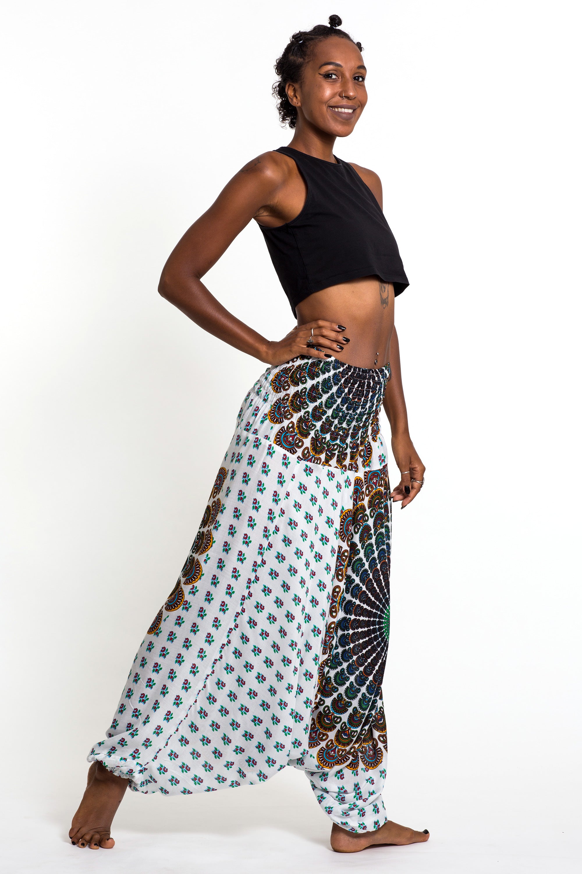 Peacock Mandalas 2-in-1 Jumpsuit Harem Pants in White