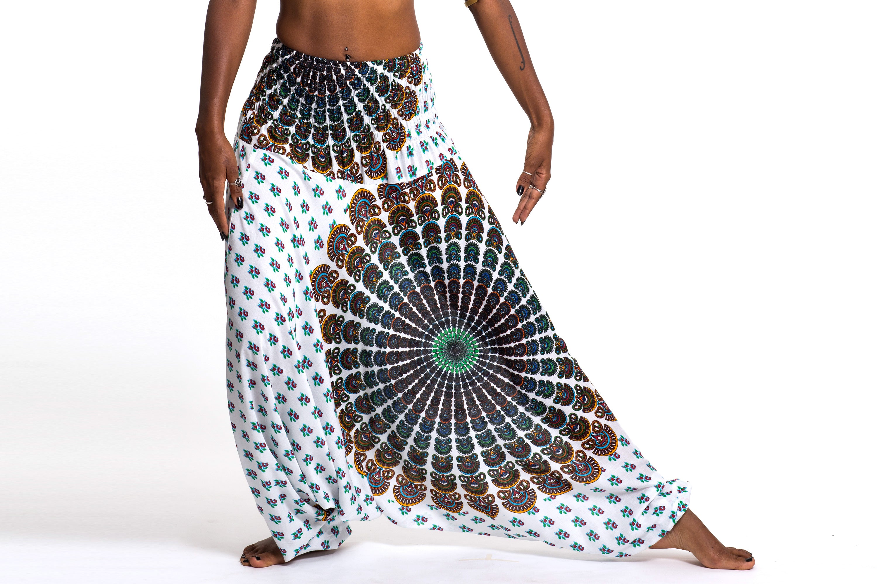Peacock Mandalas 2-in-1 Jumpsuit Harem Pants in White