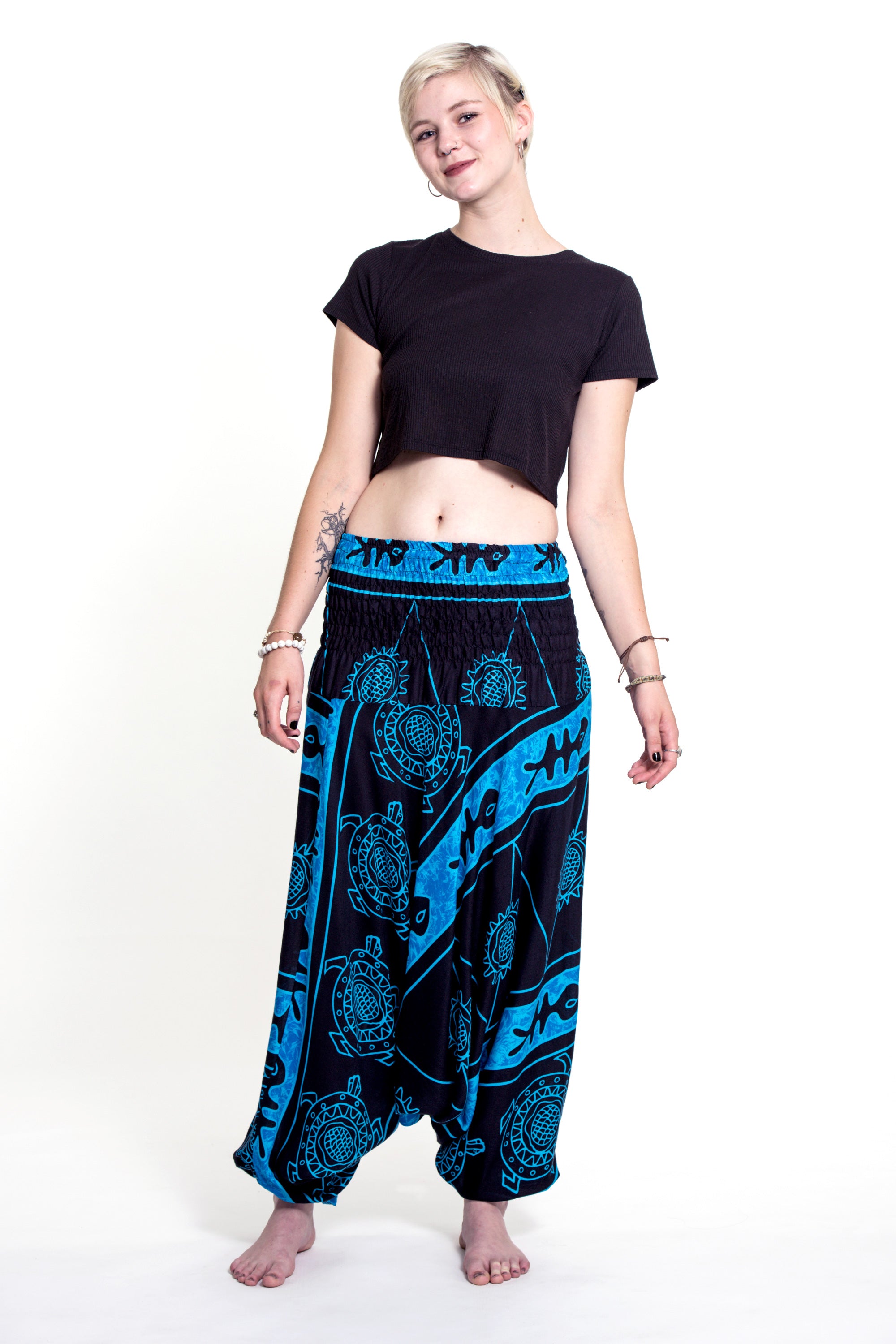 Turtle Print 2-in-1 Jumpsuit Harem Pants in Blue