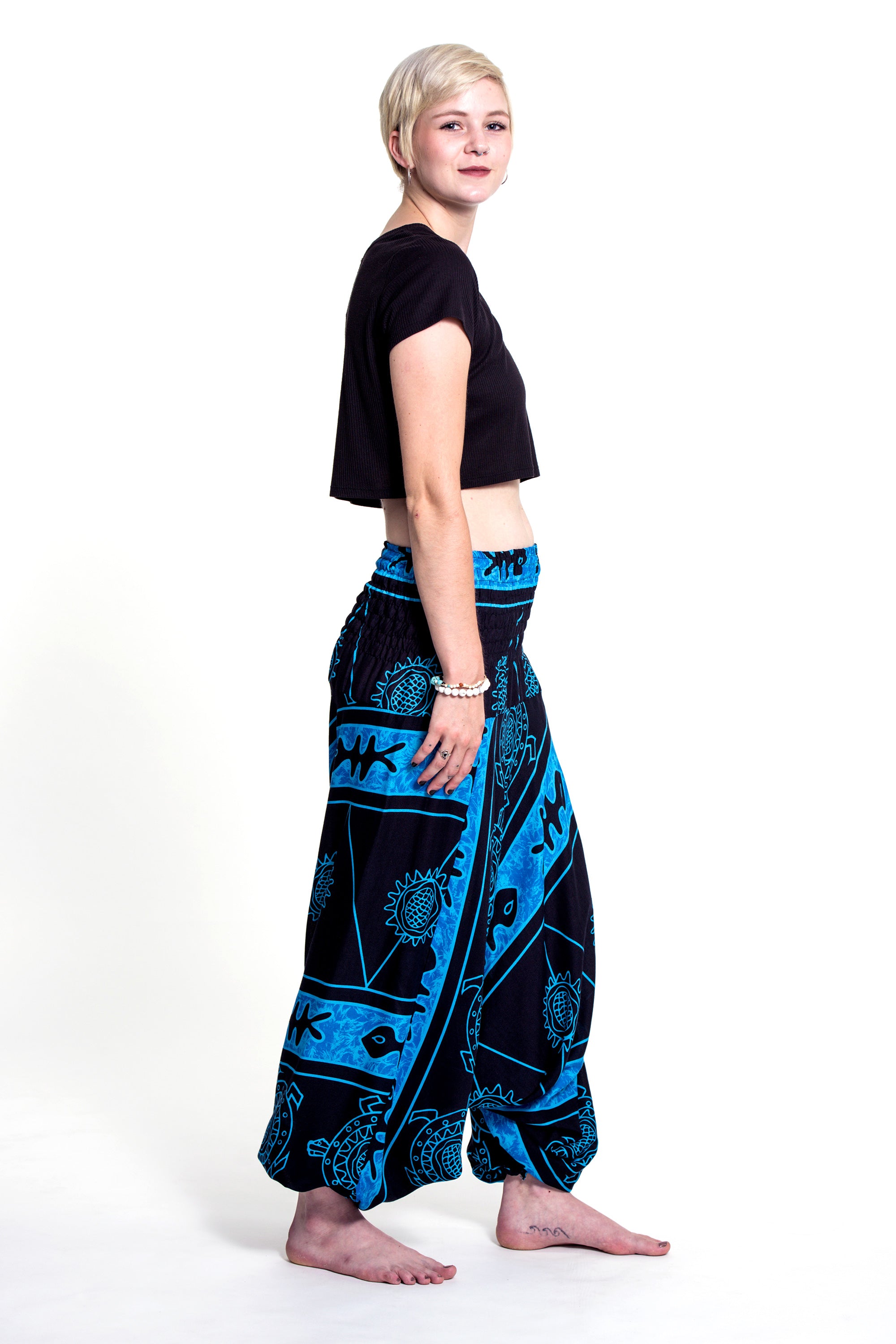 Turtle Print 2-in-1 Jumpsuit Harem Pants in Blue