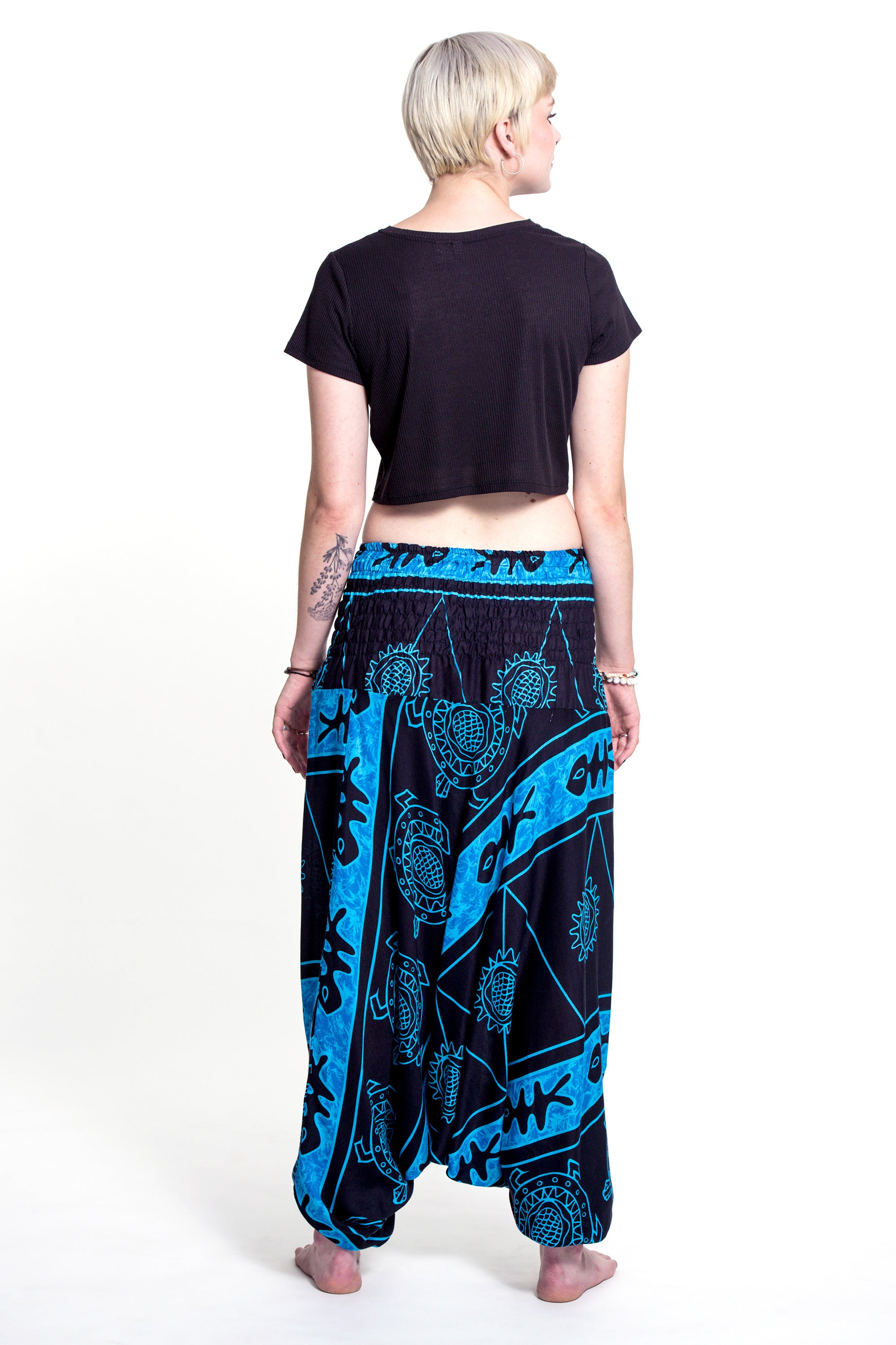 Turtle Print 2-in-1 Jumpsuit Harem Pants in Blue