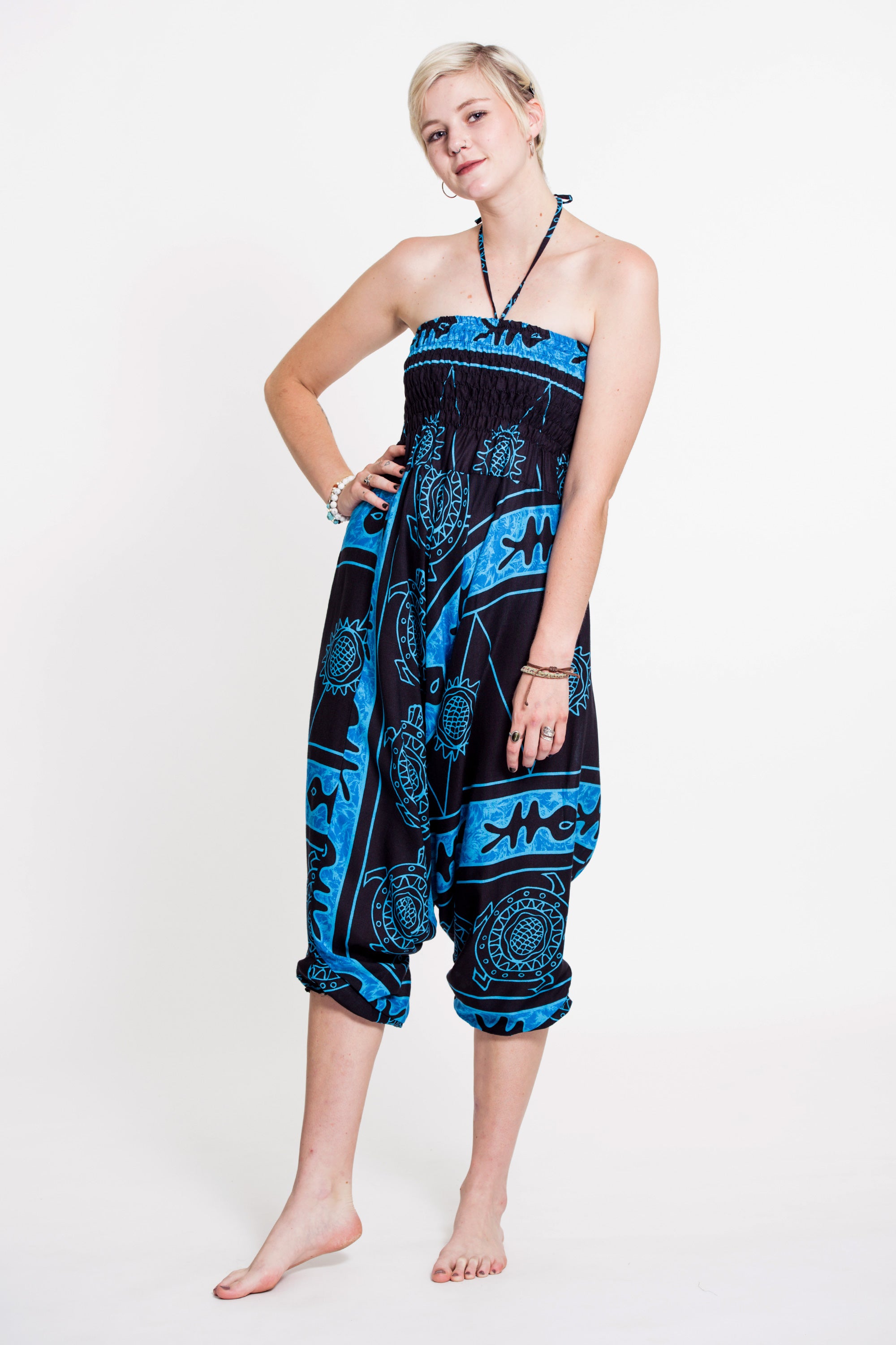 Turtle Print 2-in-1 Jumpsuit Harem Pants in Blue