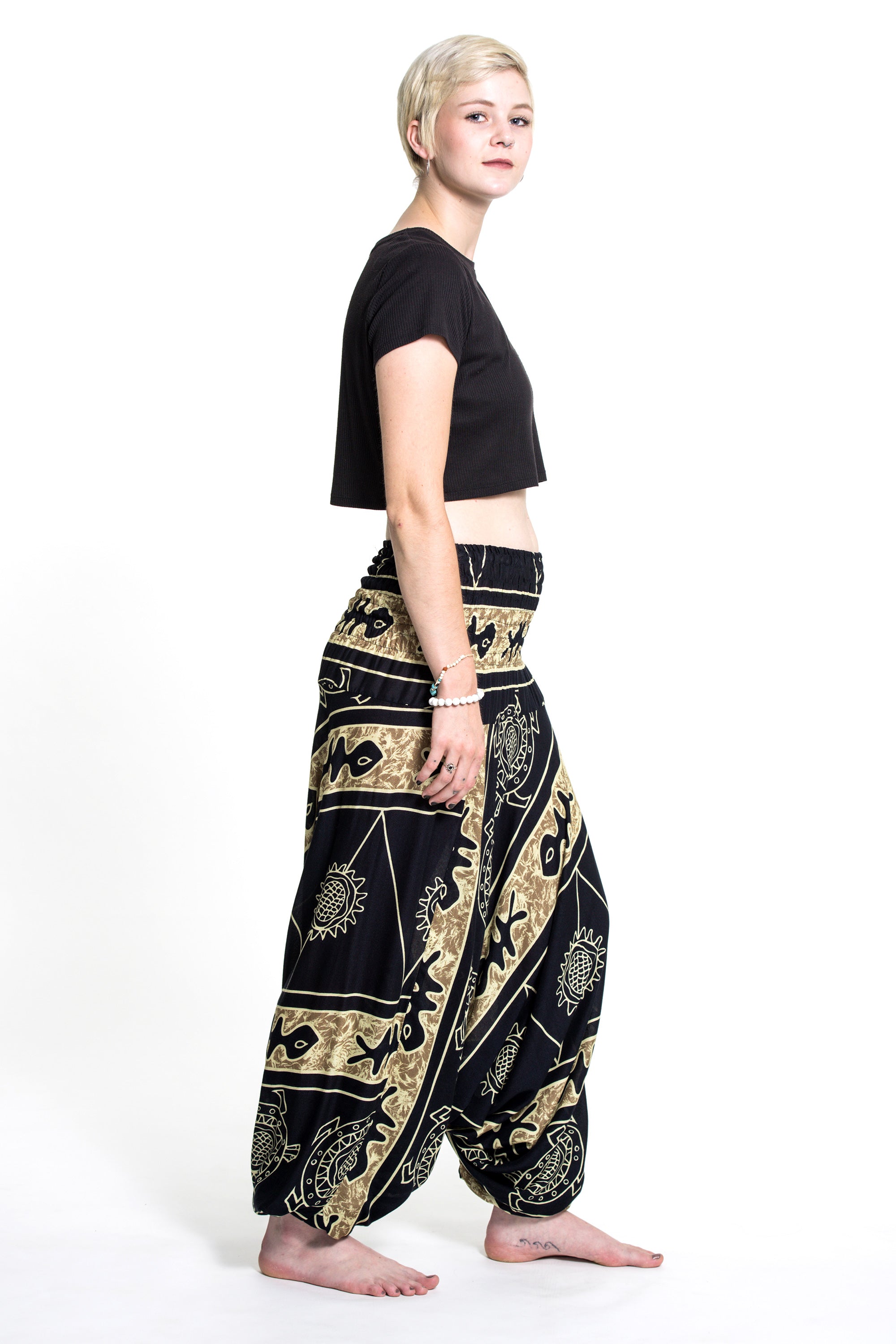 Turtle Print 2-in-1 Jumpsuit Harem Pants in Gold