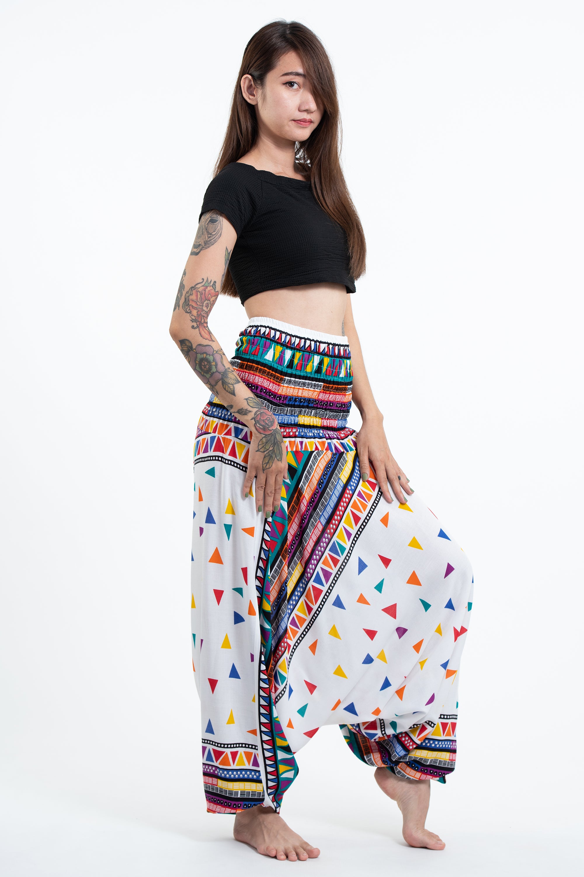 Triangles 2-in-1 Jumpsuit Harem Pants in White