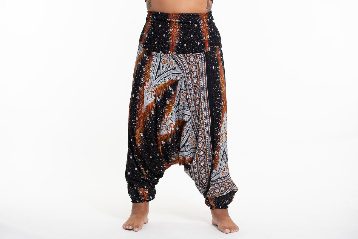 Plus Size Peacock Feathers 2-in-1 Jumpsuit Harem Pants in Black