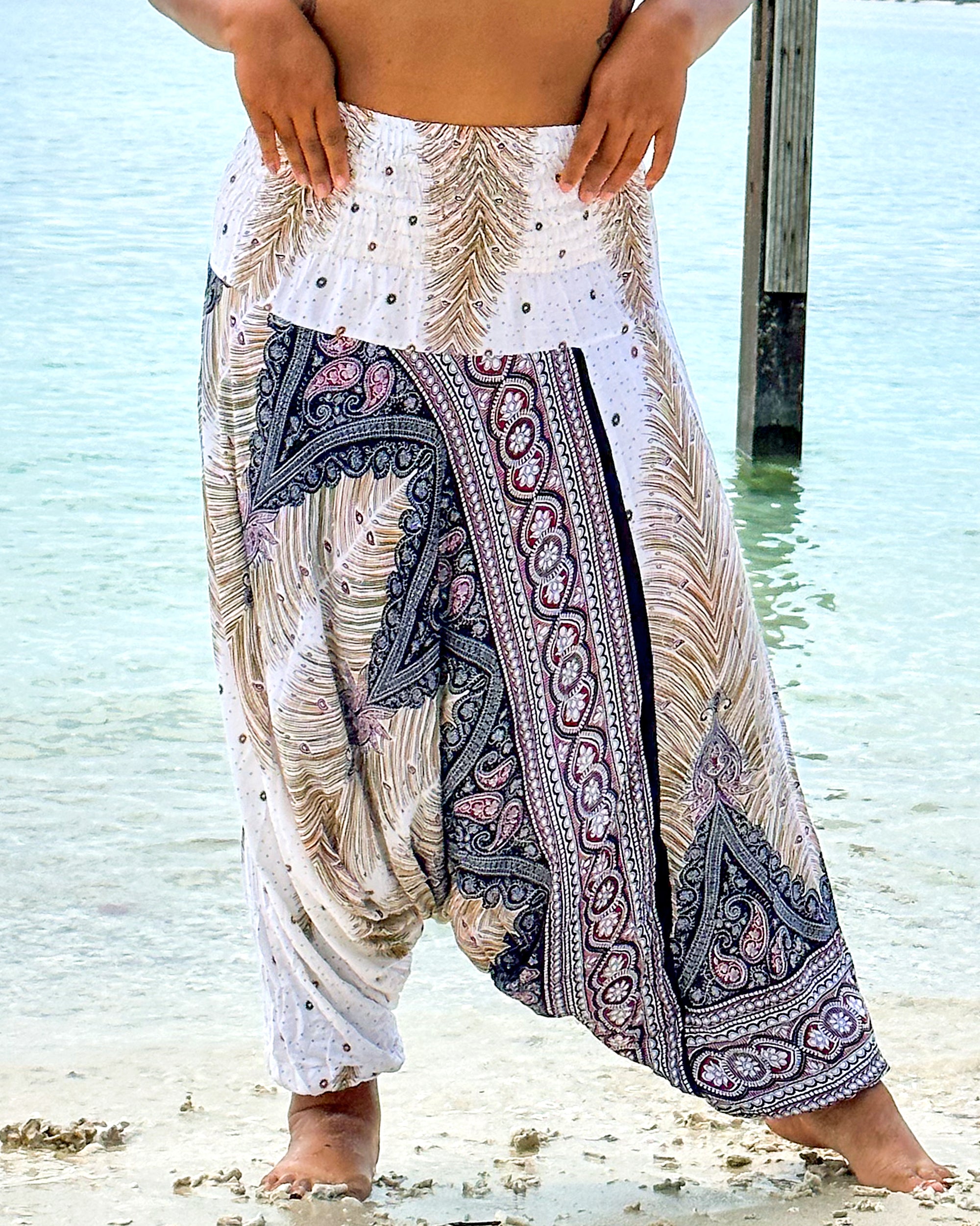 Plus Size Peacock Feathers 2-in-1 Jumpsuit Harem Pants in White