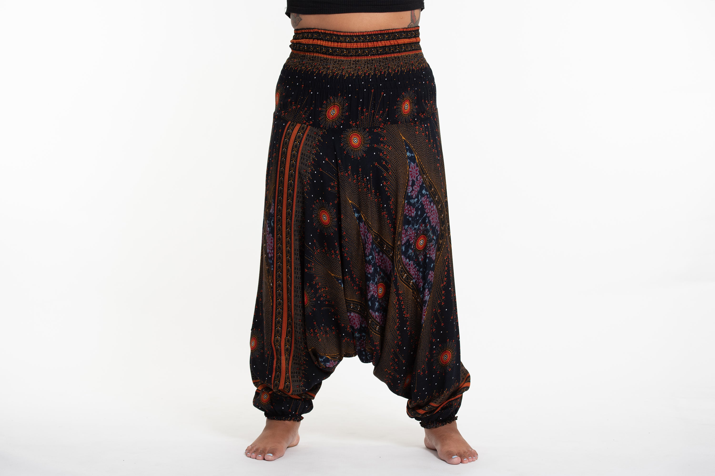 Plus Size Peacock Eyes 2-in-1 Jumpsuit Harem Pants in Black