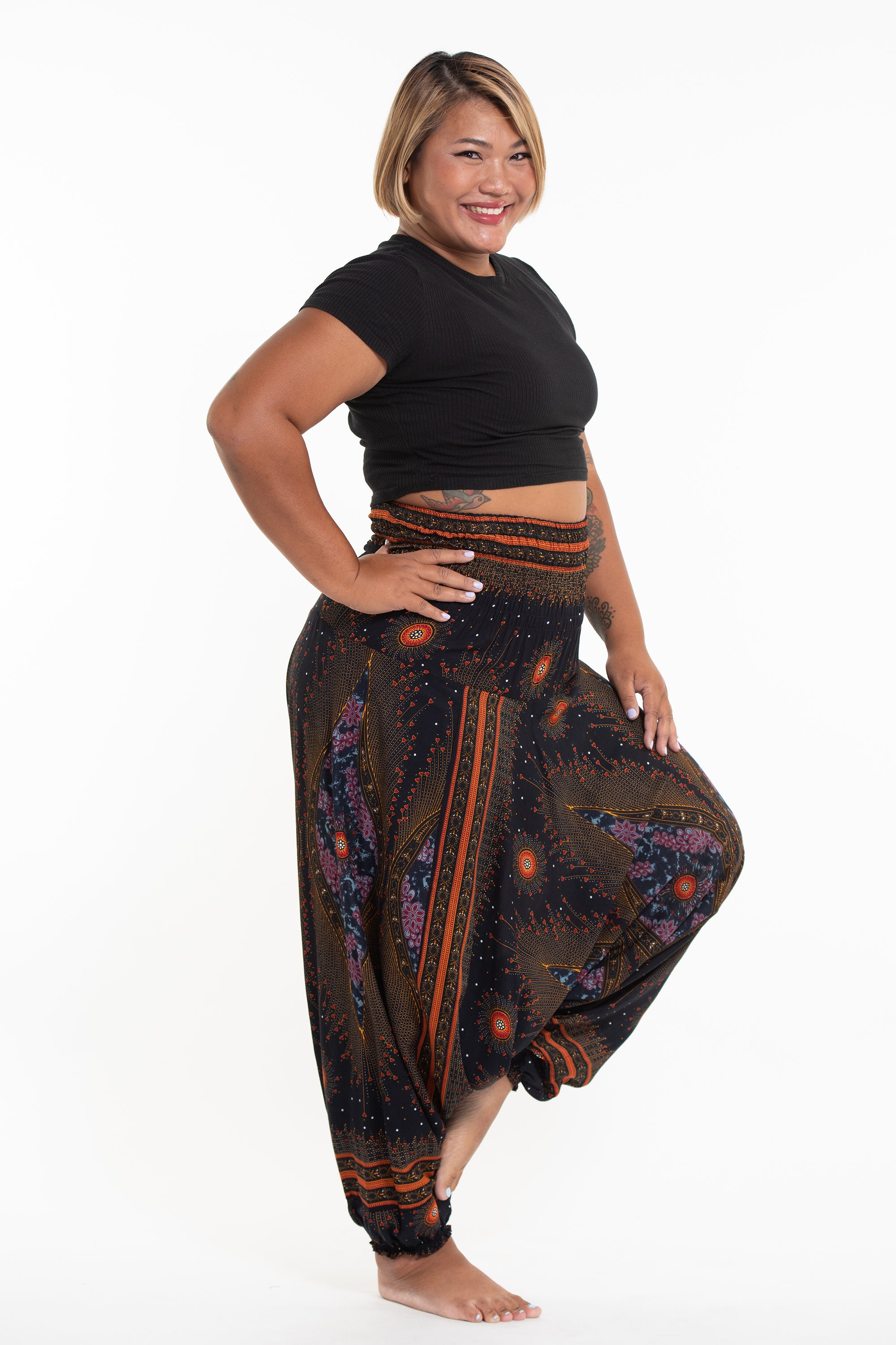 Plus Size Peacock Eyes 2-in-1 Jumpsuit Harem Pants in Black