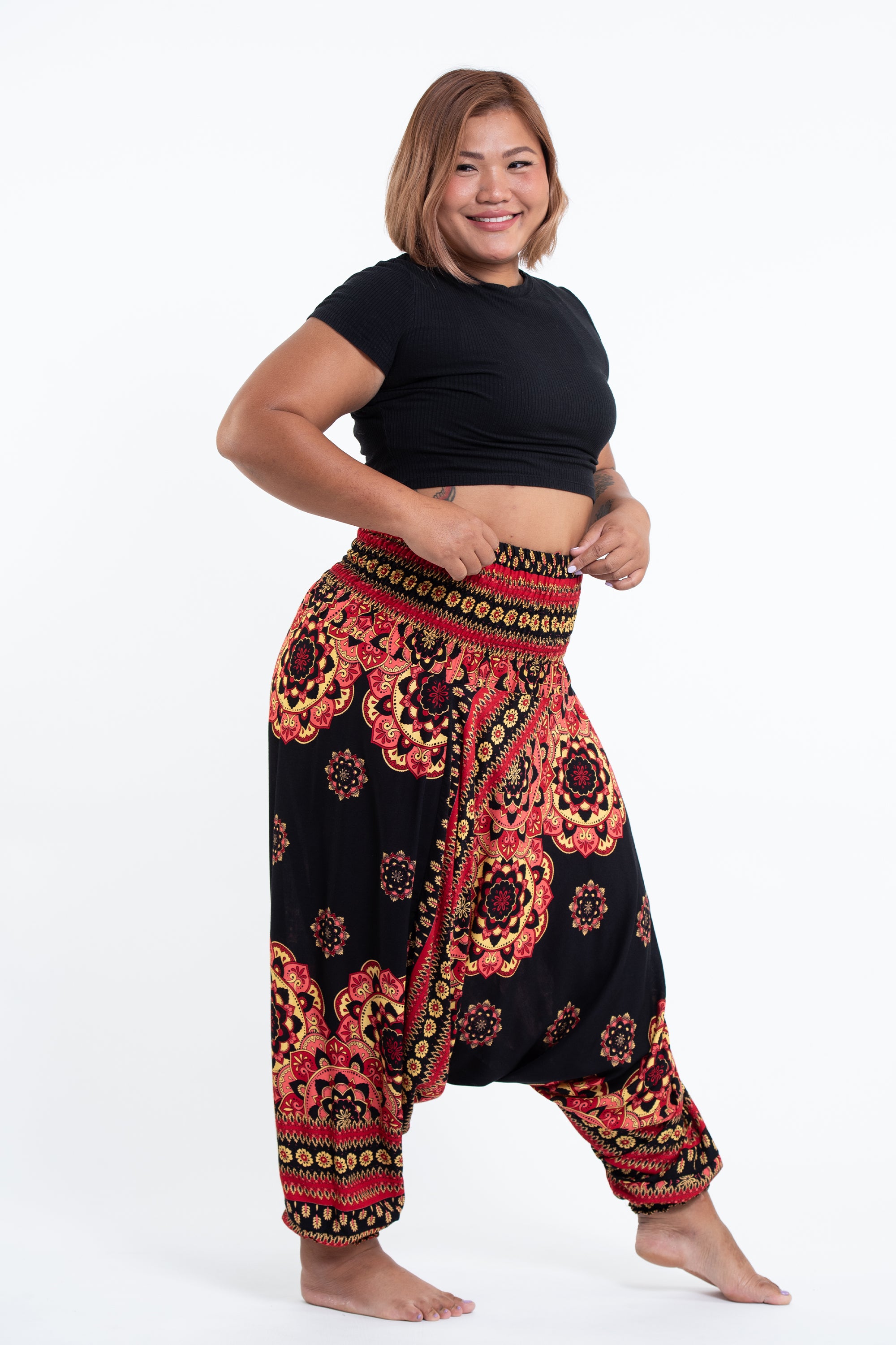 Plus Size Lotus Mandalas 2-in-1 Jumpsuit Harem Pants in Black