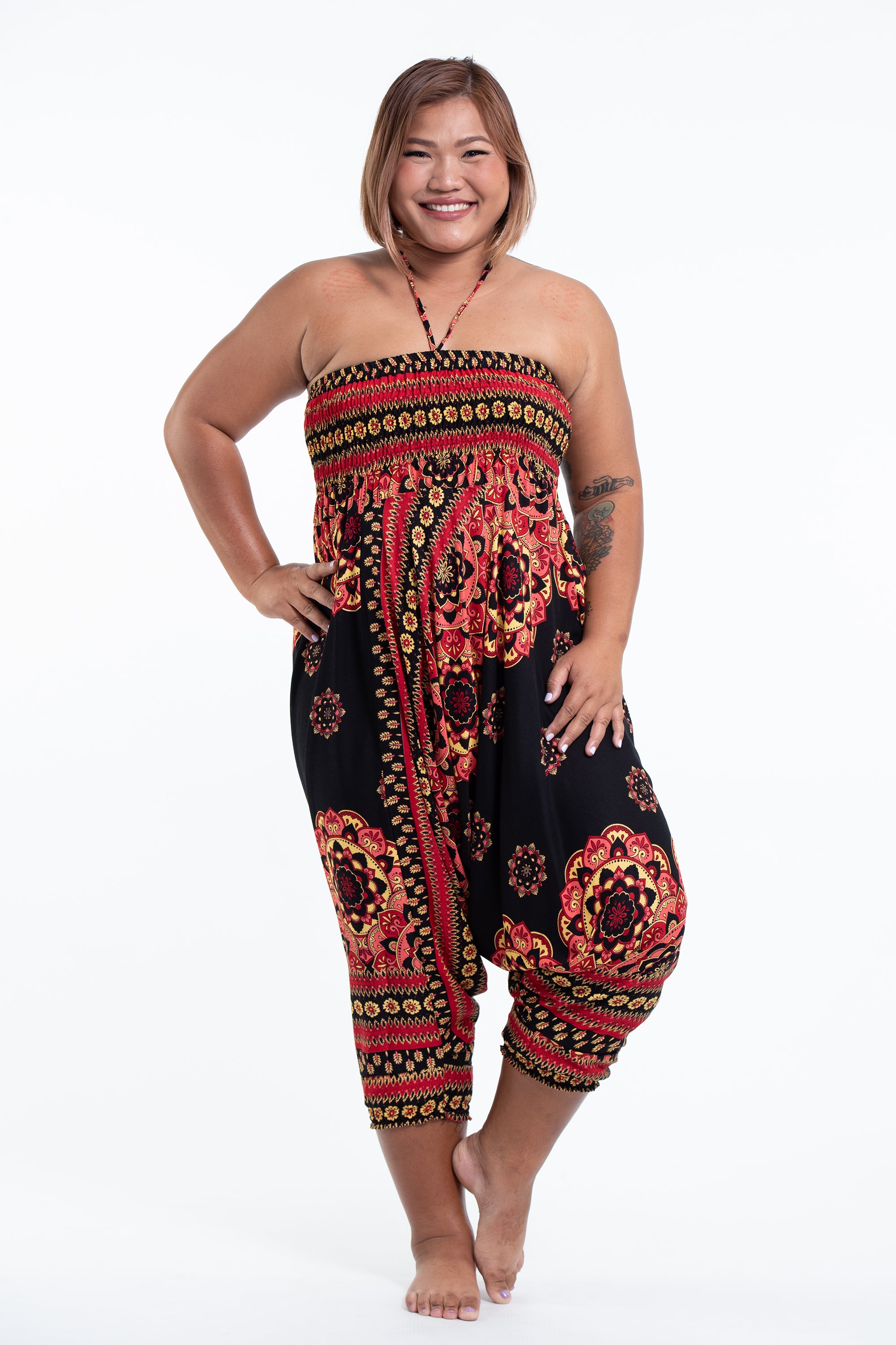 Plus Size Lotus Mandalas 2-in-1 Jumpsuit Harem Pants in Black