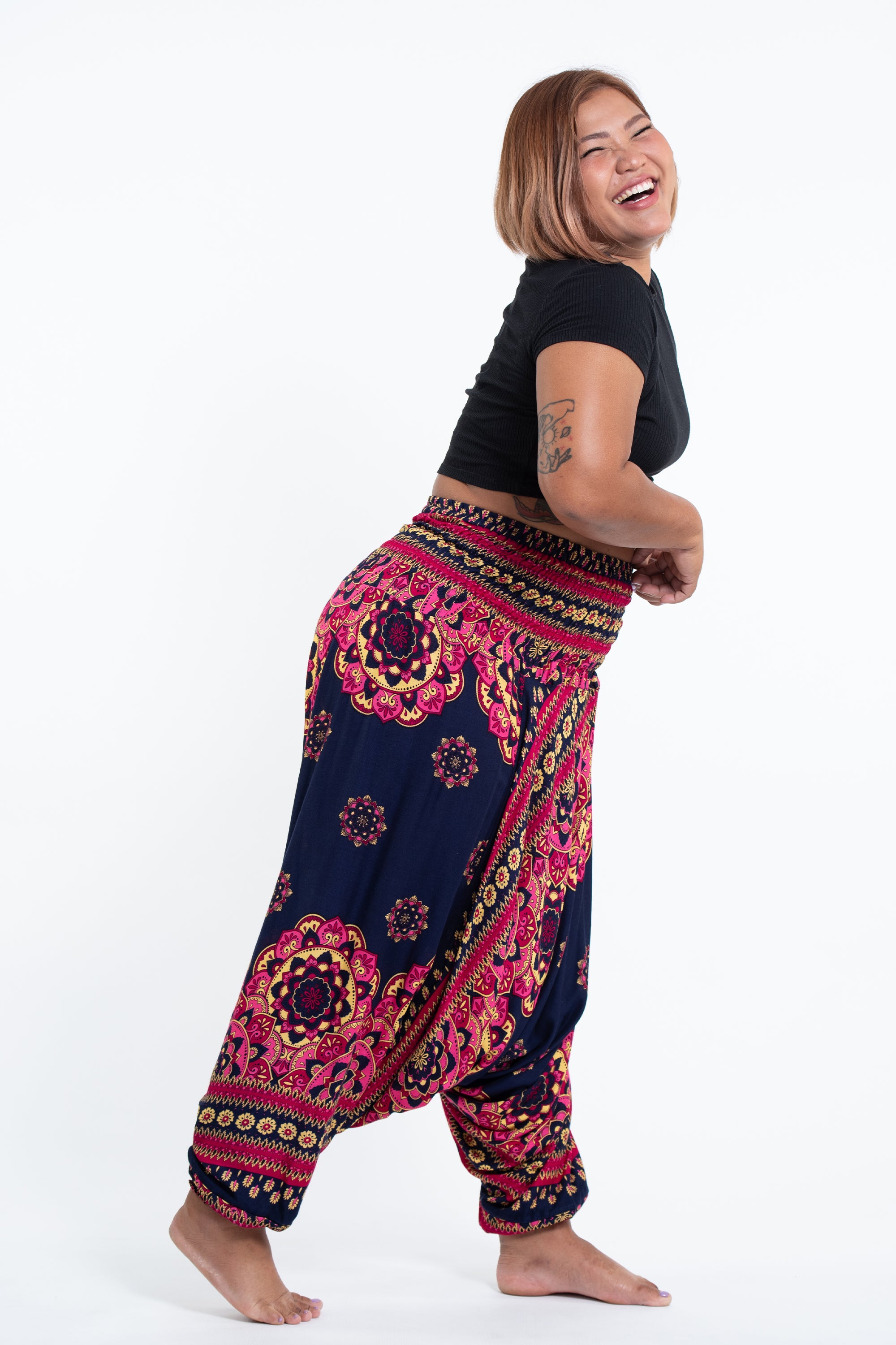 Plus Size Lotus Mandalas 2-in-1 Jumpsuit Harem Pants in Navy