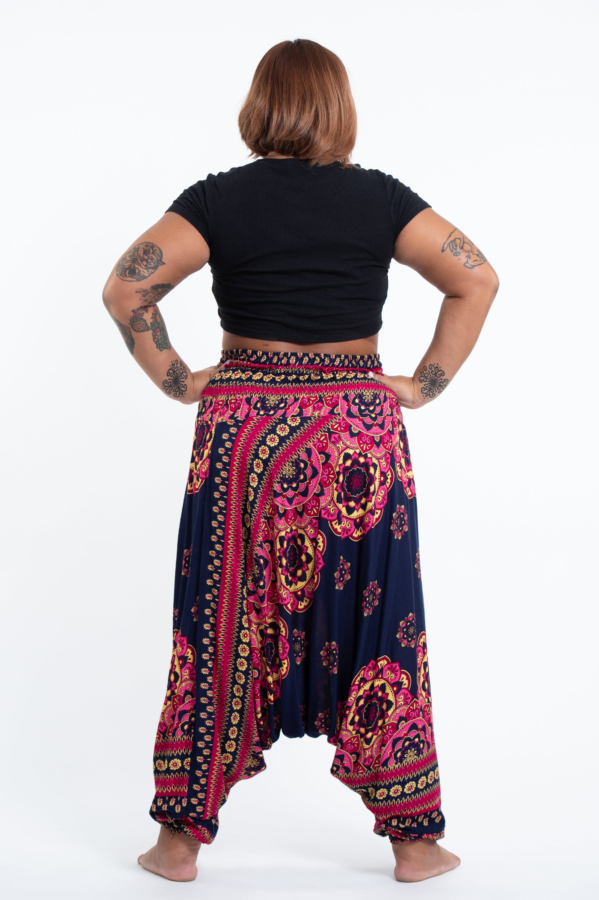 Plus Size Lotus Mandalas 2-in-1 Jumpsuit Harem Pants in Navy