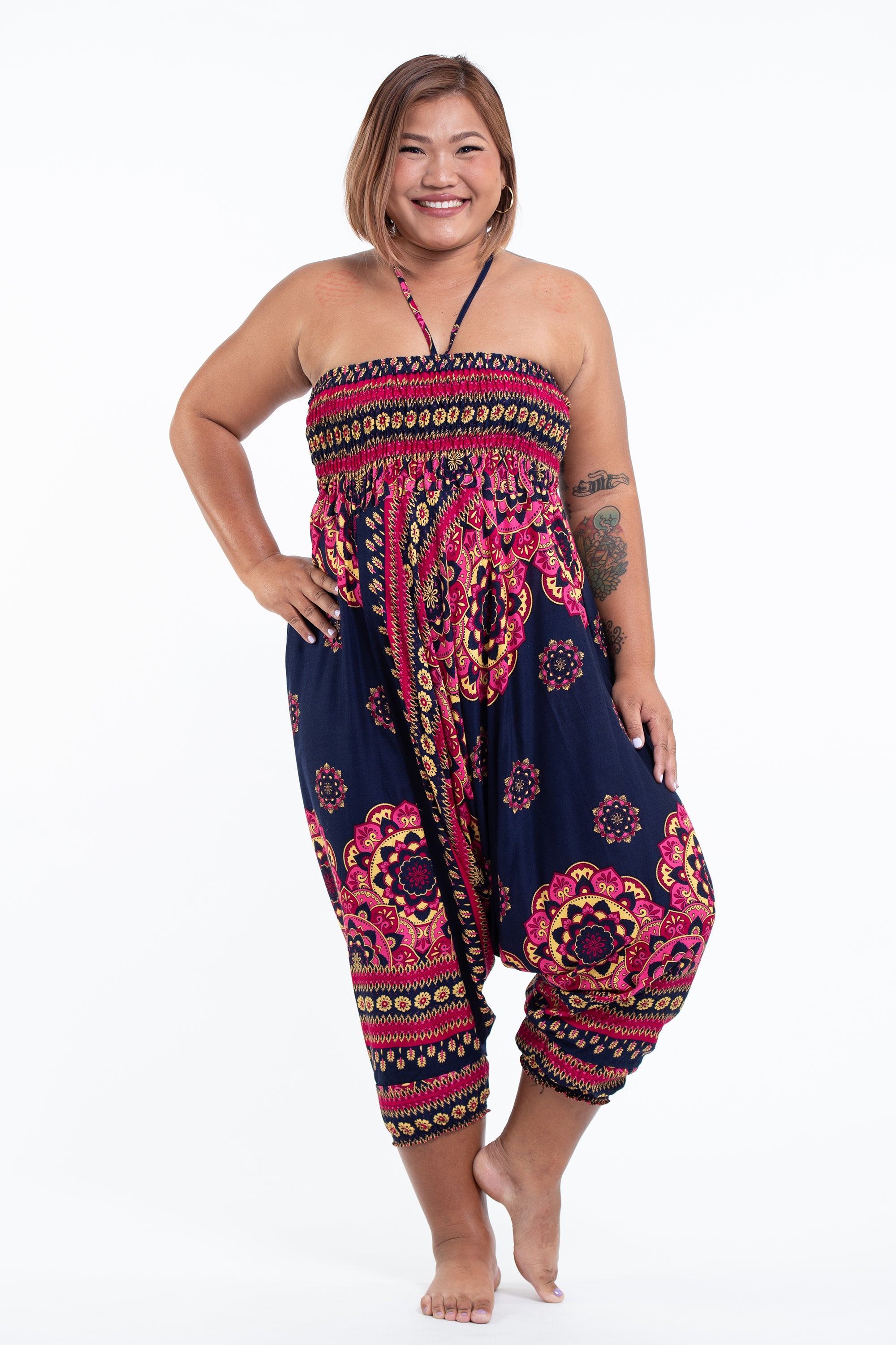 Plus Size Lotus Mandalas 2-in-1 Jumpsuit Harem Pants in Navy