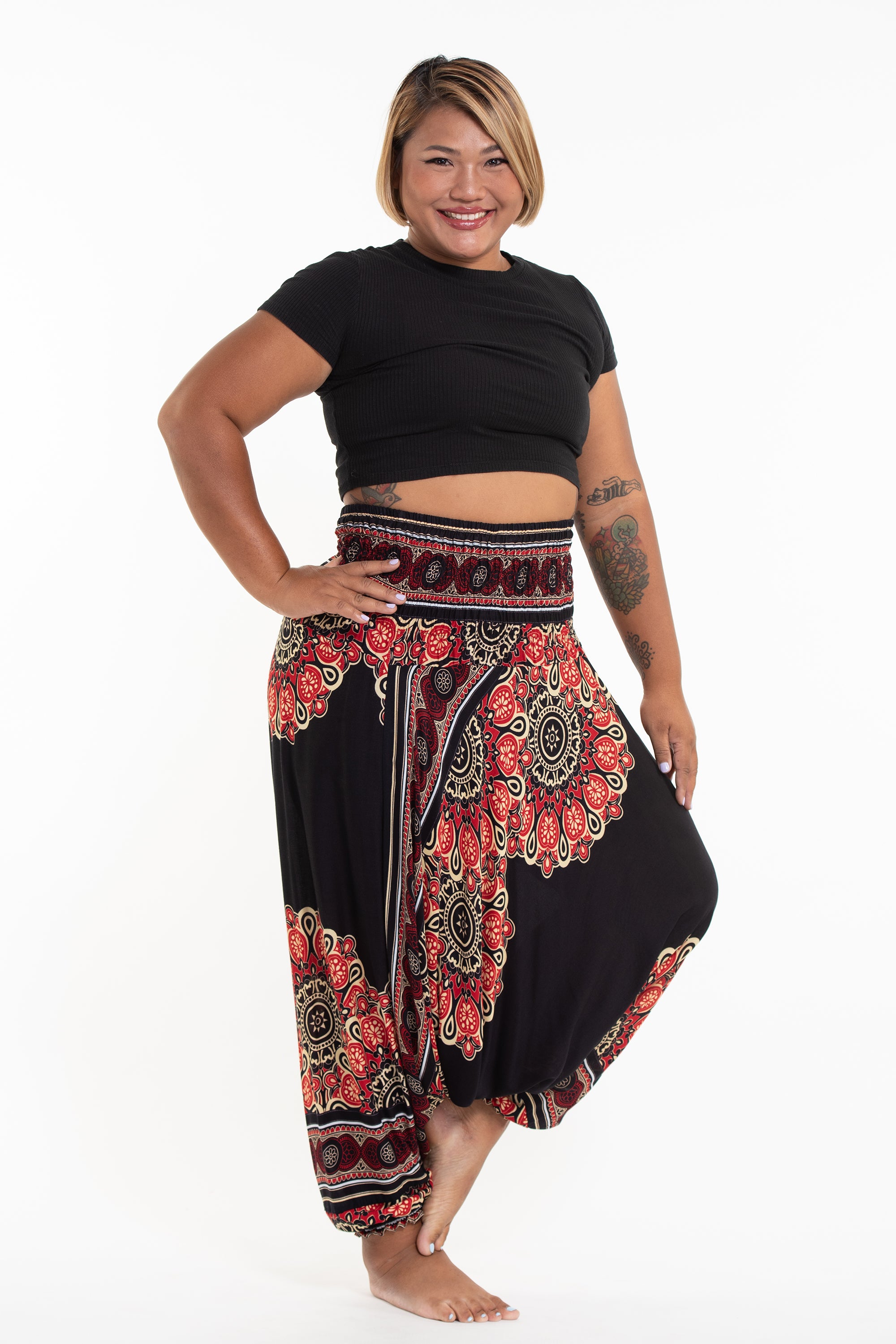 Plus Size Peony Mandalas 2-in-1 Jumpsuit Harem Pants in Black