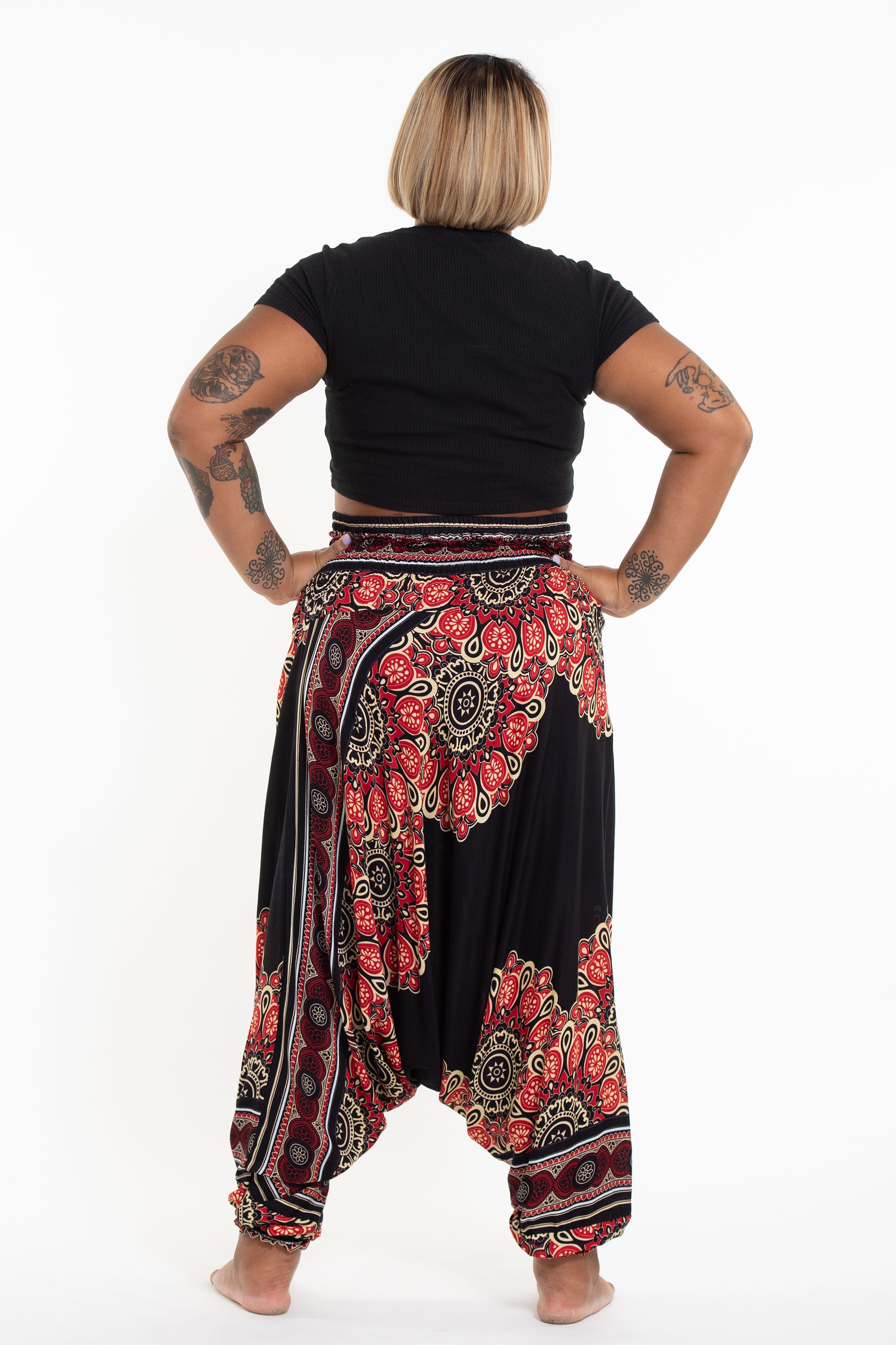 Plus Size Peony Mandalas 2-in-1 Jumpsuit Harem Pants in Black