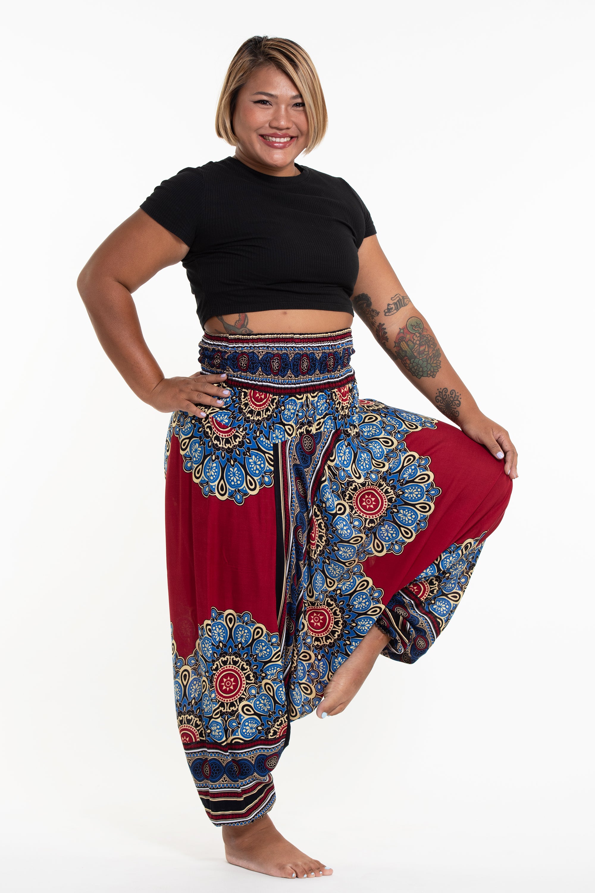 Plus Size Peony Mandalas 2-in-1 Jumpsuit Harem Pants in Red