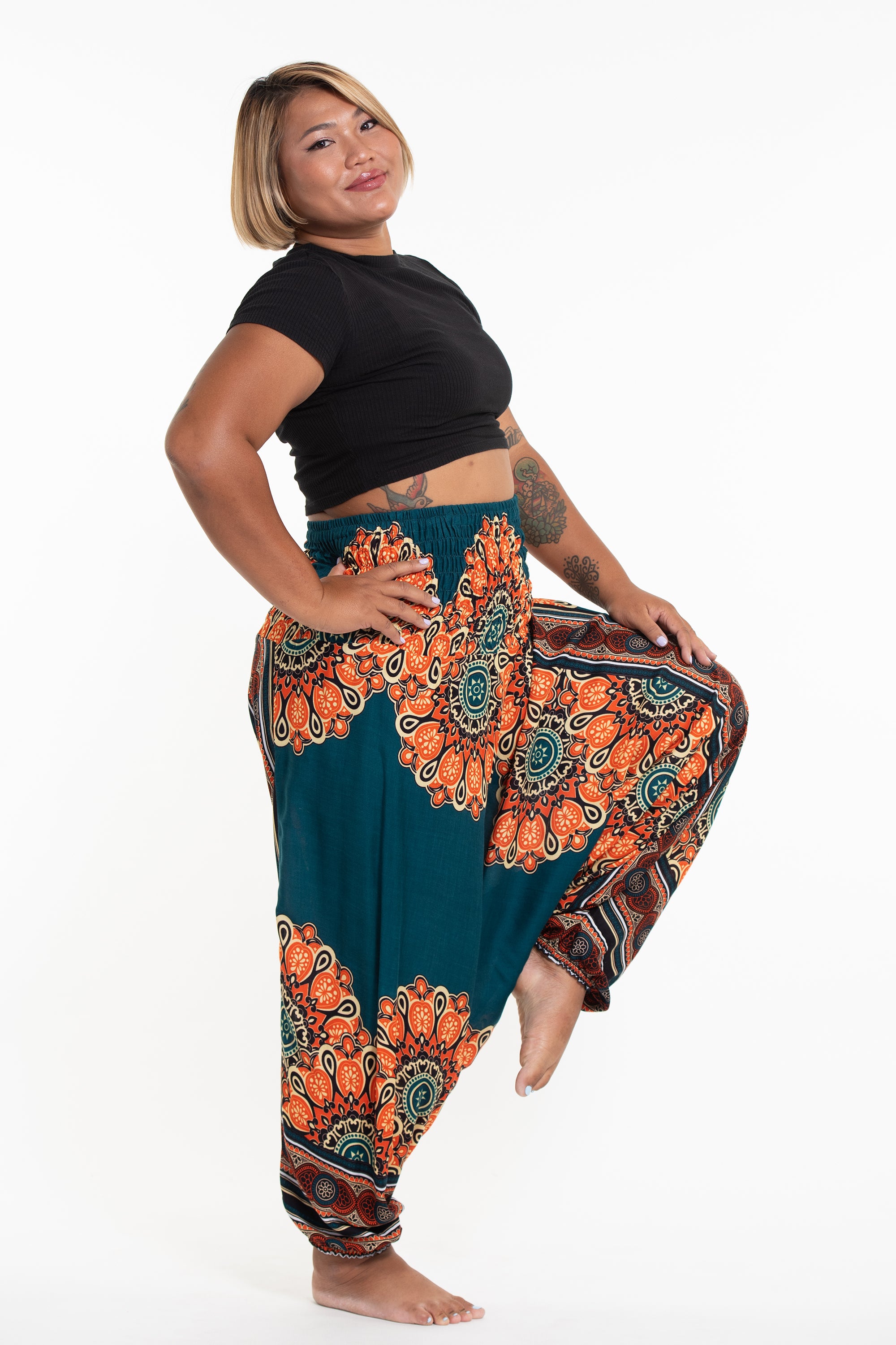 Plus Size Peony Mandalas 2-in-1 Jumpsuit Harem Pants in Teal