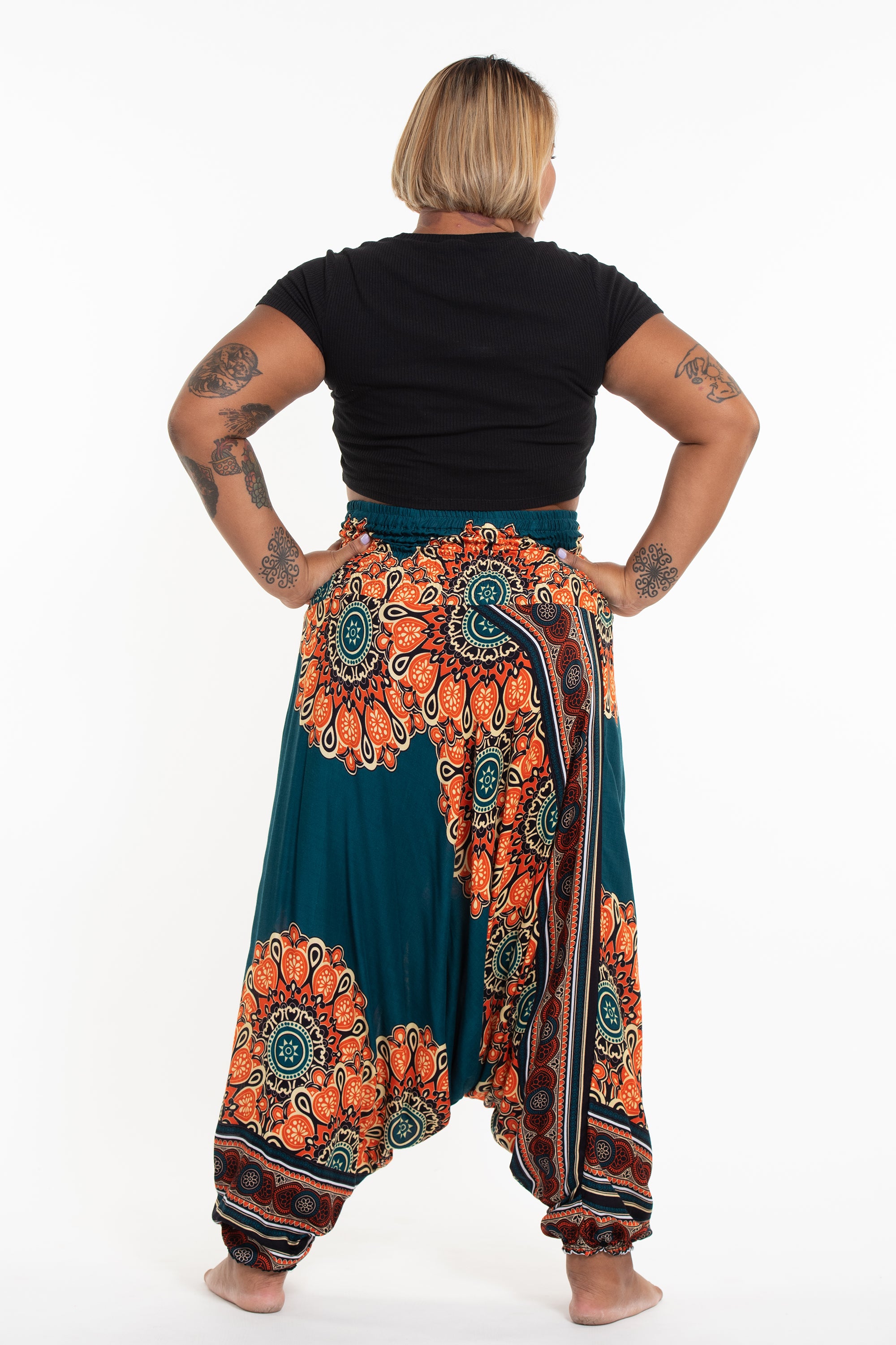 Plus Size Peony Mandalas 2-in-1 Jumpsuit Harem Pants in Teal