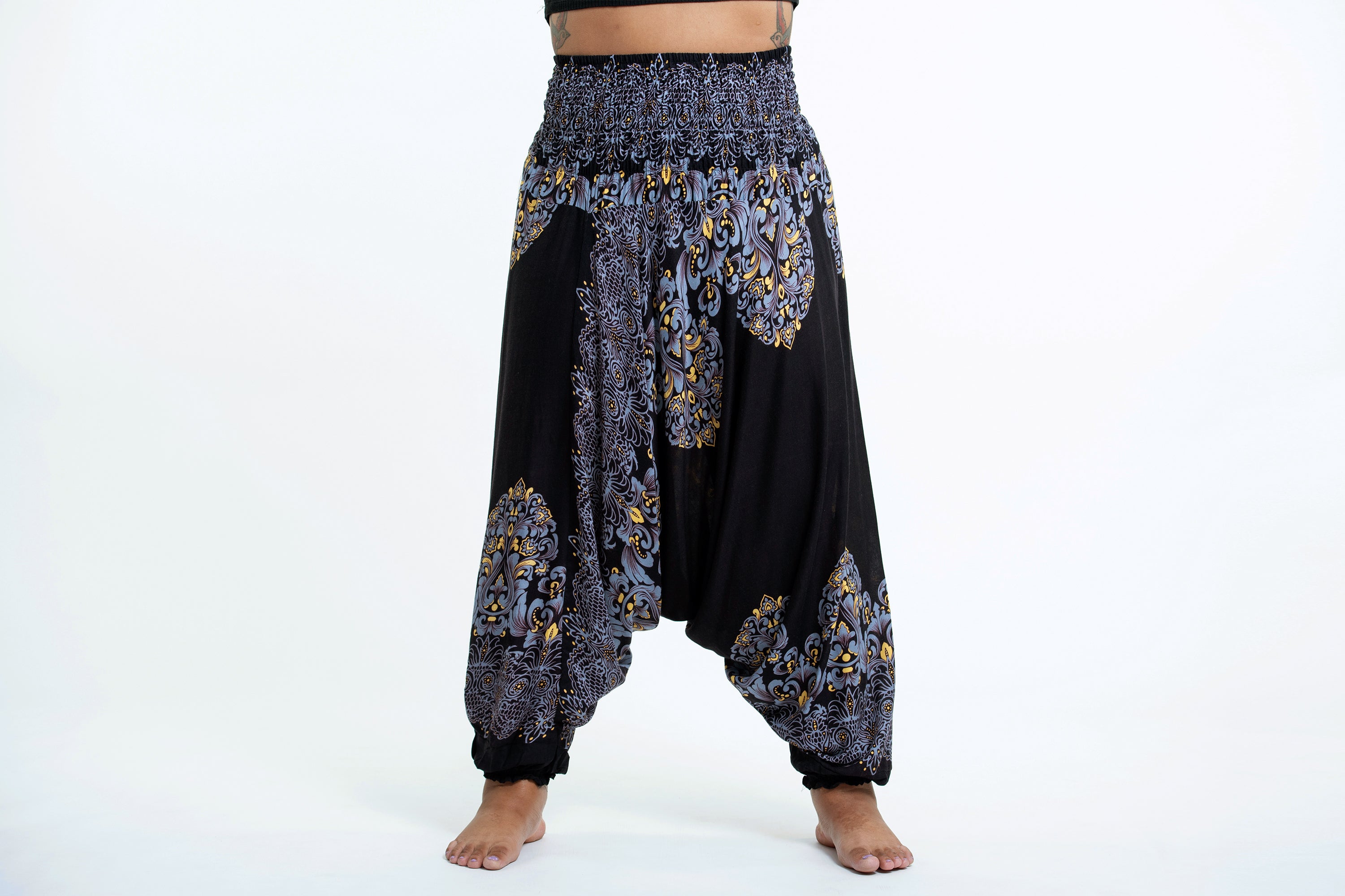 Plus Size Floral Vines 2-in-1 Jumpsuit Harem Pants in Black