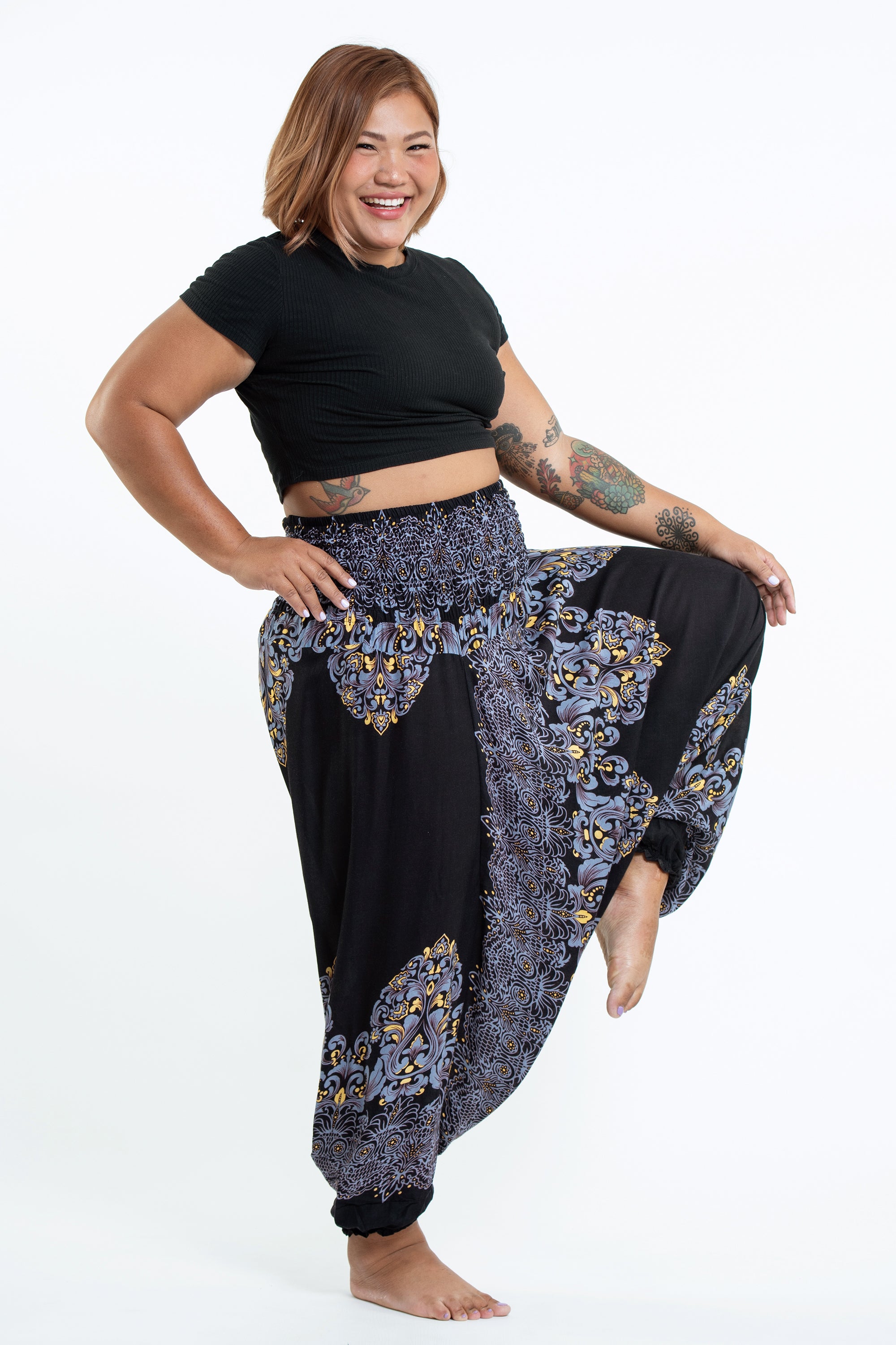 Plus Size Floral Vines 2-in-1 Jumpsuit Harem Pants in Black