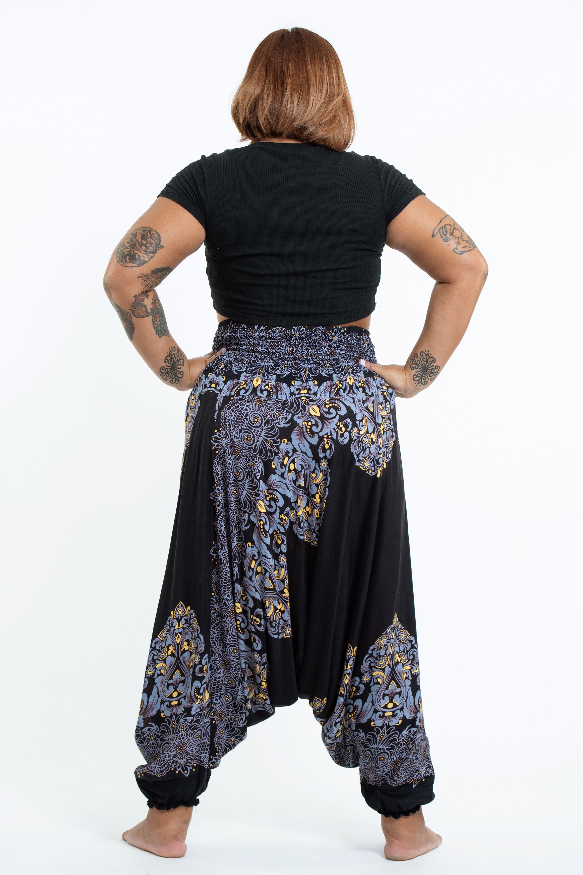Plus Size Floral Vines 2-in-1 Jumpsuit Harem Pants in Black