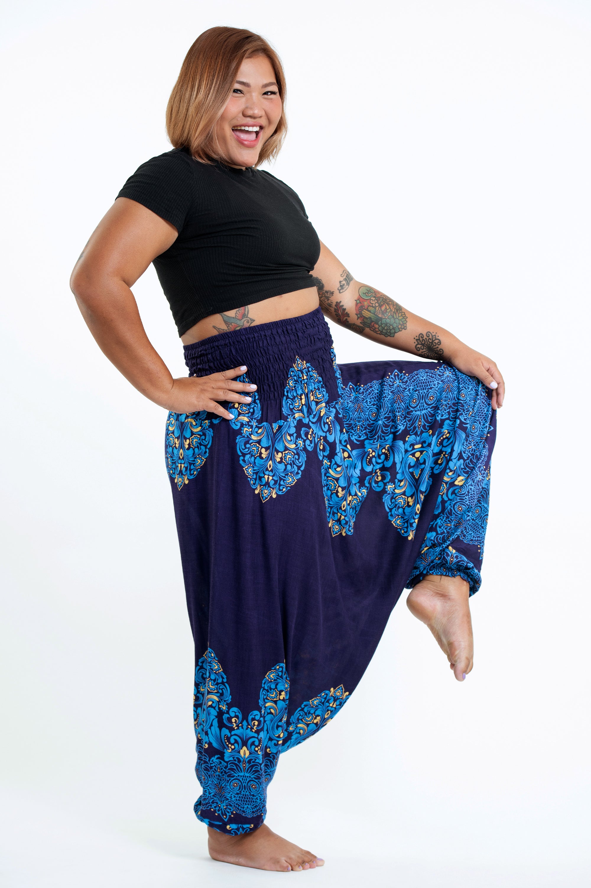 Plus Size Floral Vines 2-in-1 Jumpsuit Harem Pants in Blue