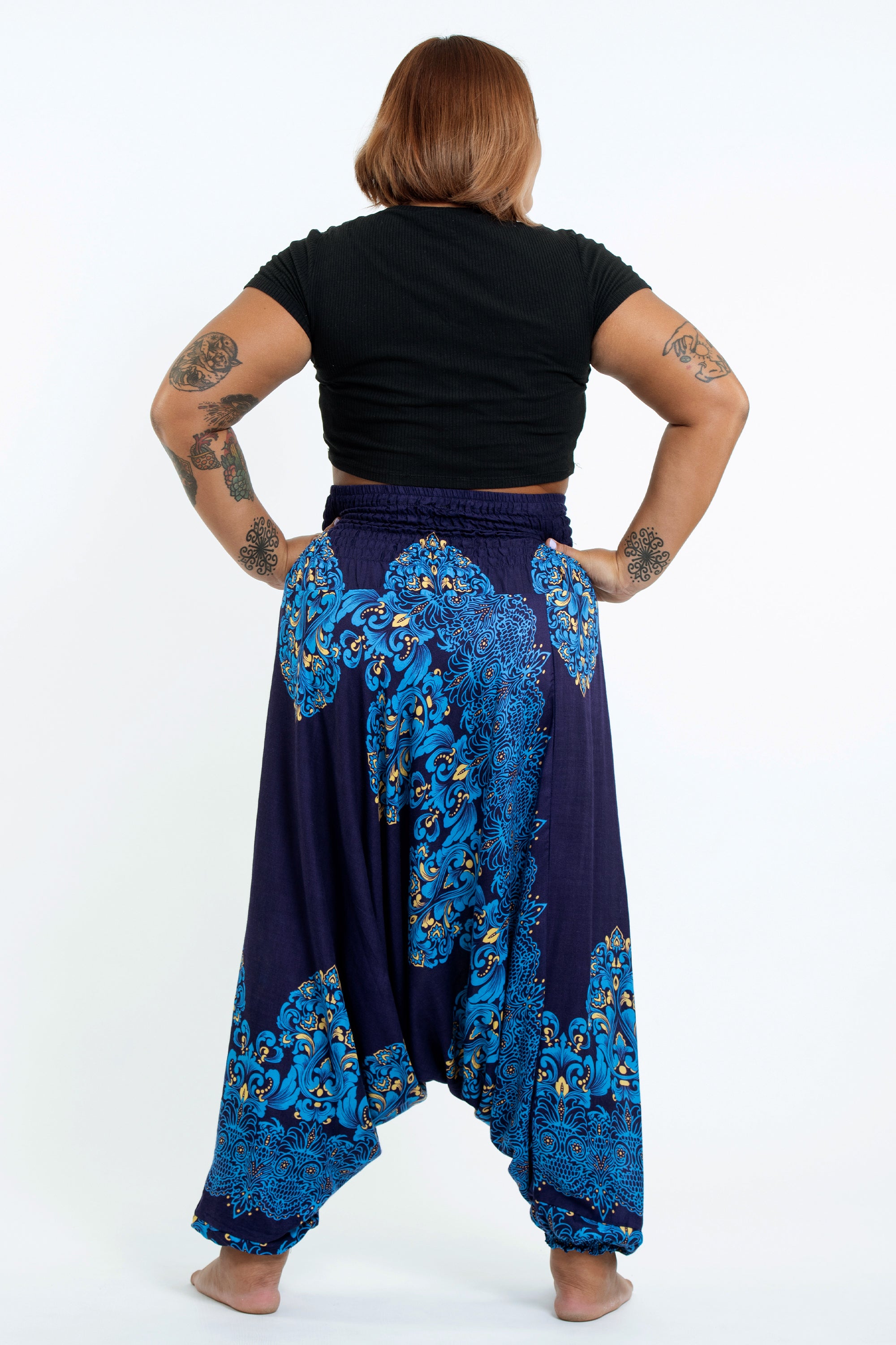 Plus Size Floral Vines 2-in-1 Jumpsuit Harem Pants in Blue