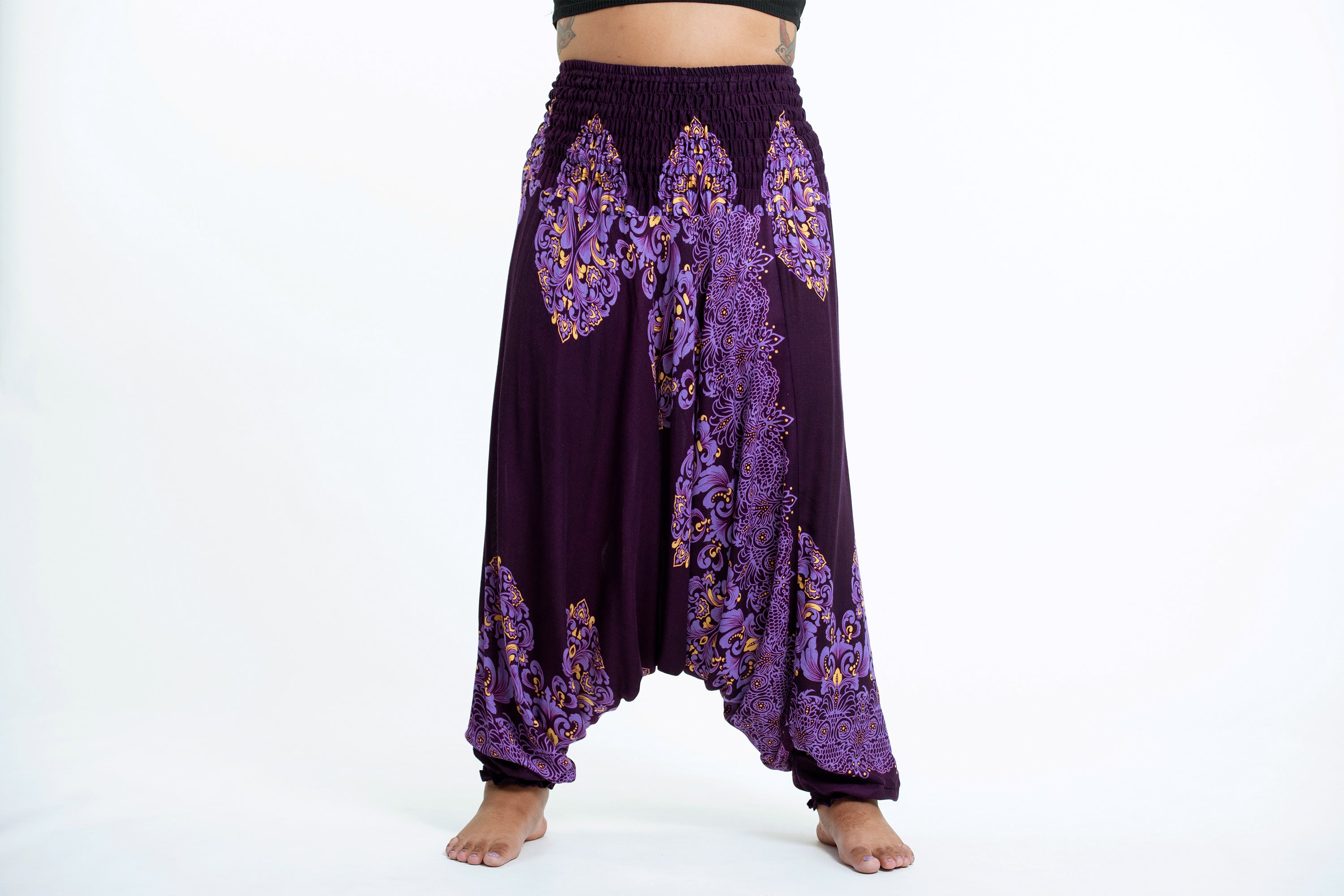 Plus Size Floral Vines 2-in-1 Jumpsuit Harem Pants in Purple