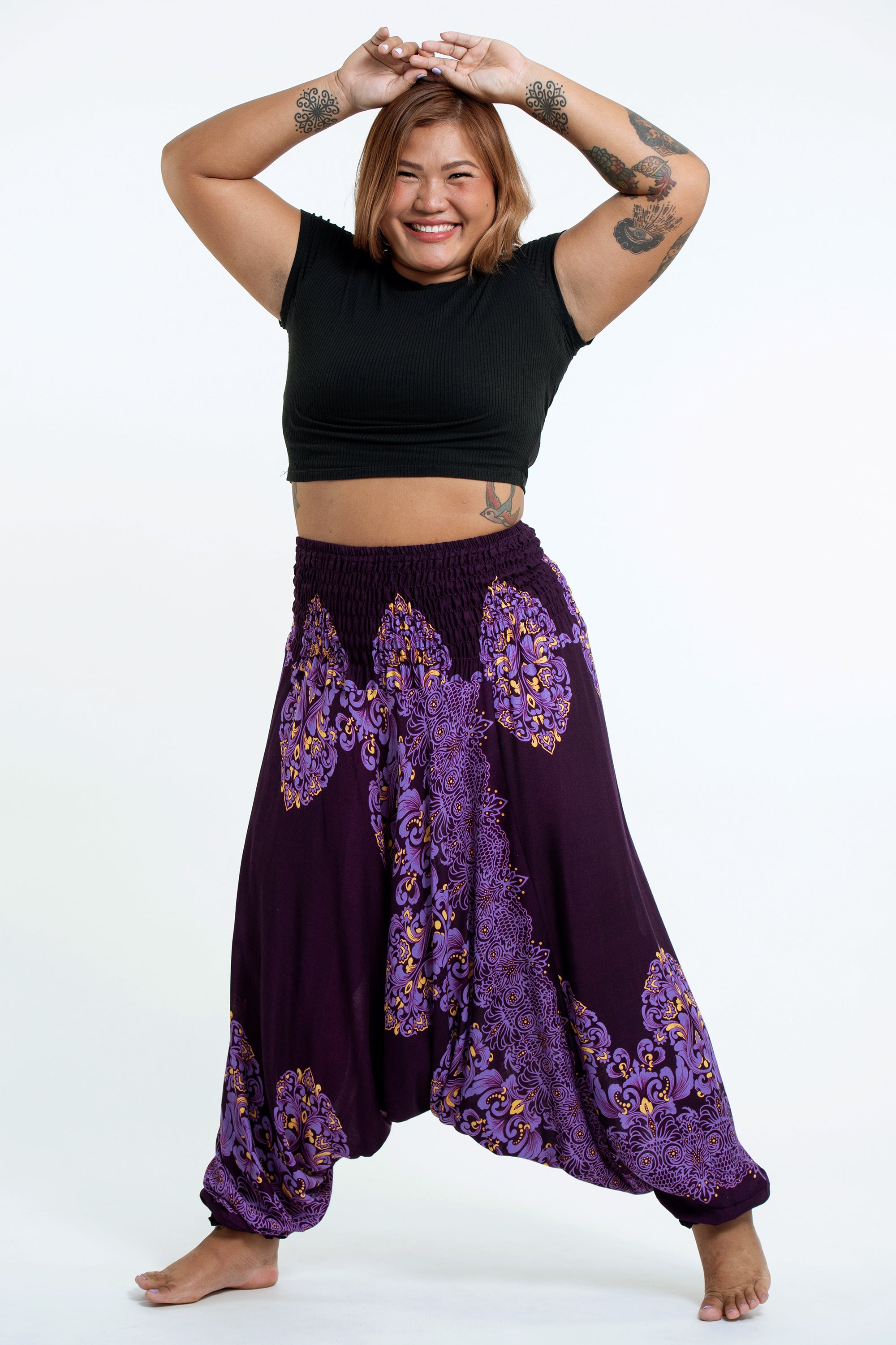 Plus Size Floral Vines 2-in-1 Jumpsuit Harem Pants in Purple