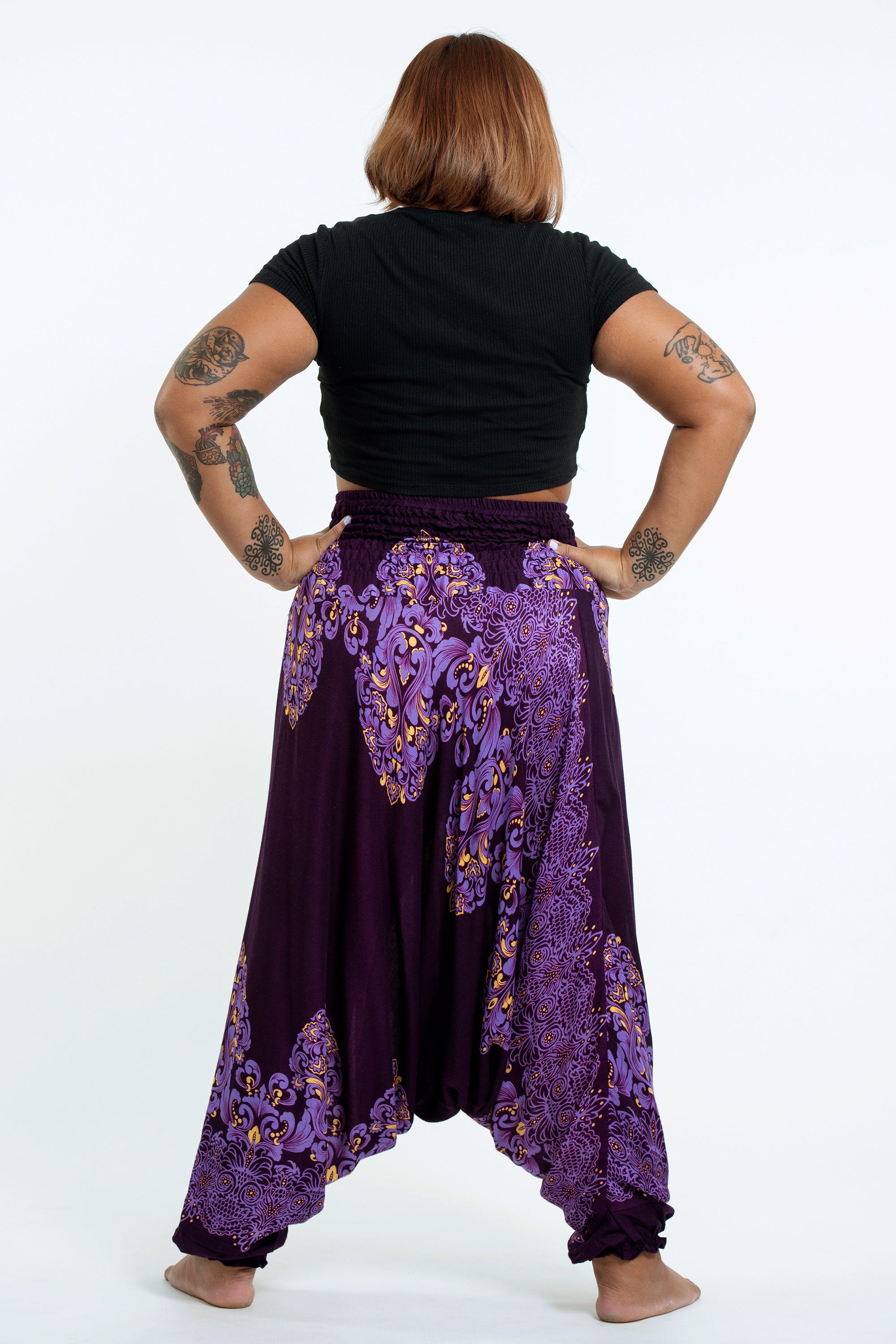 Plus Size Floral Vines 2-in-1 Jumpsuit Harem Pants in Purple