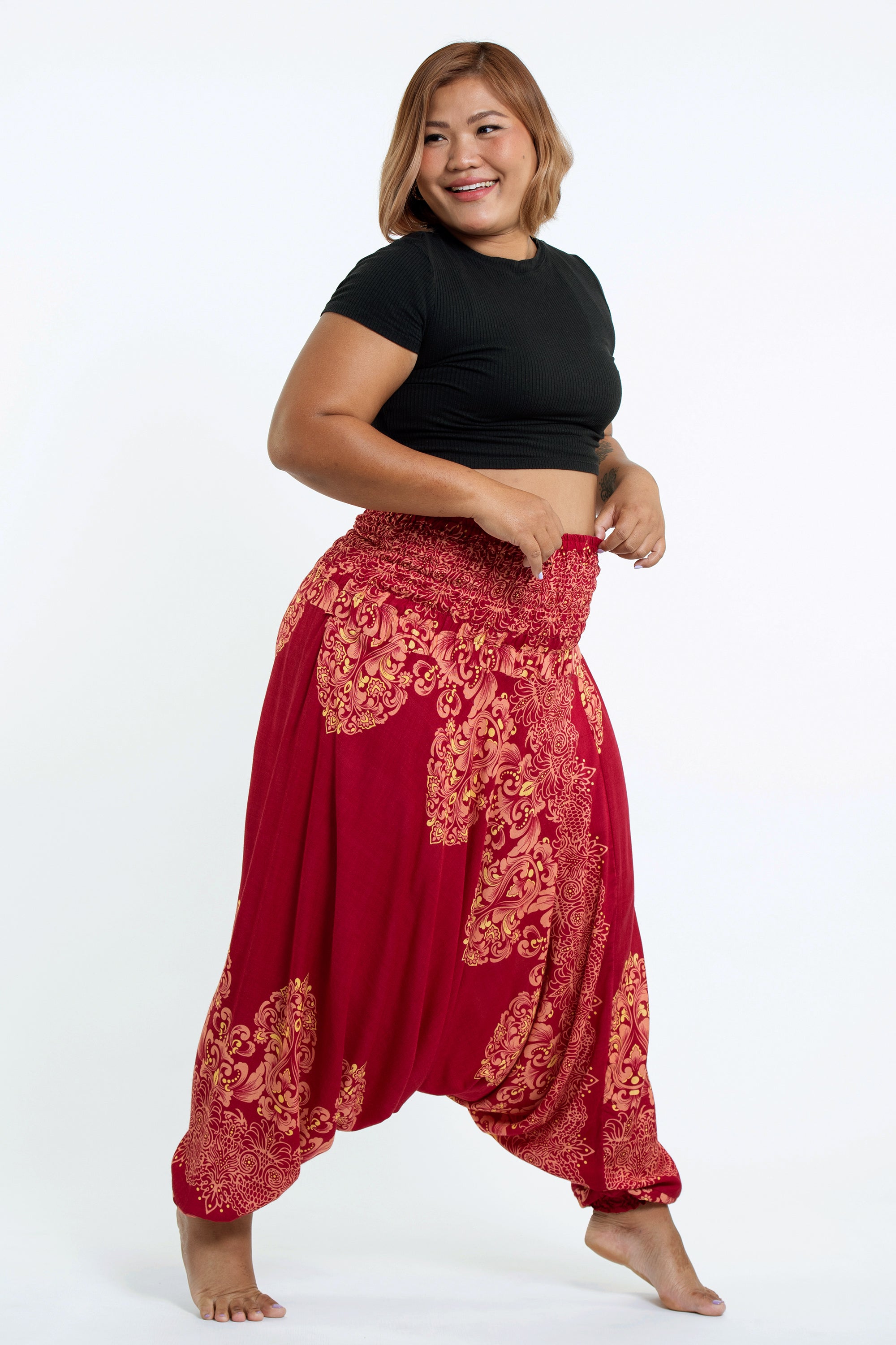Plus Size Floral Vines 2-in-1 Jumpsuit Harem Pants in Red