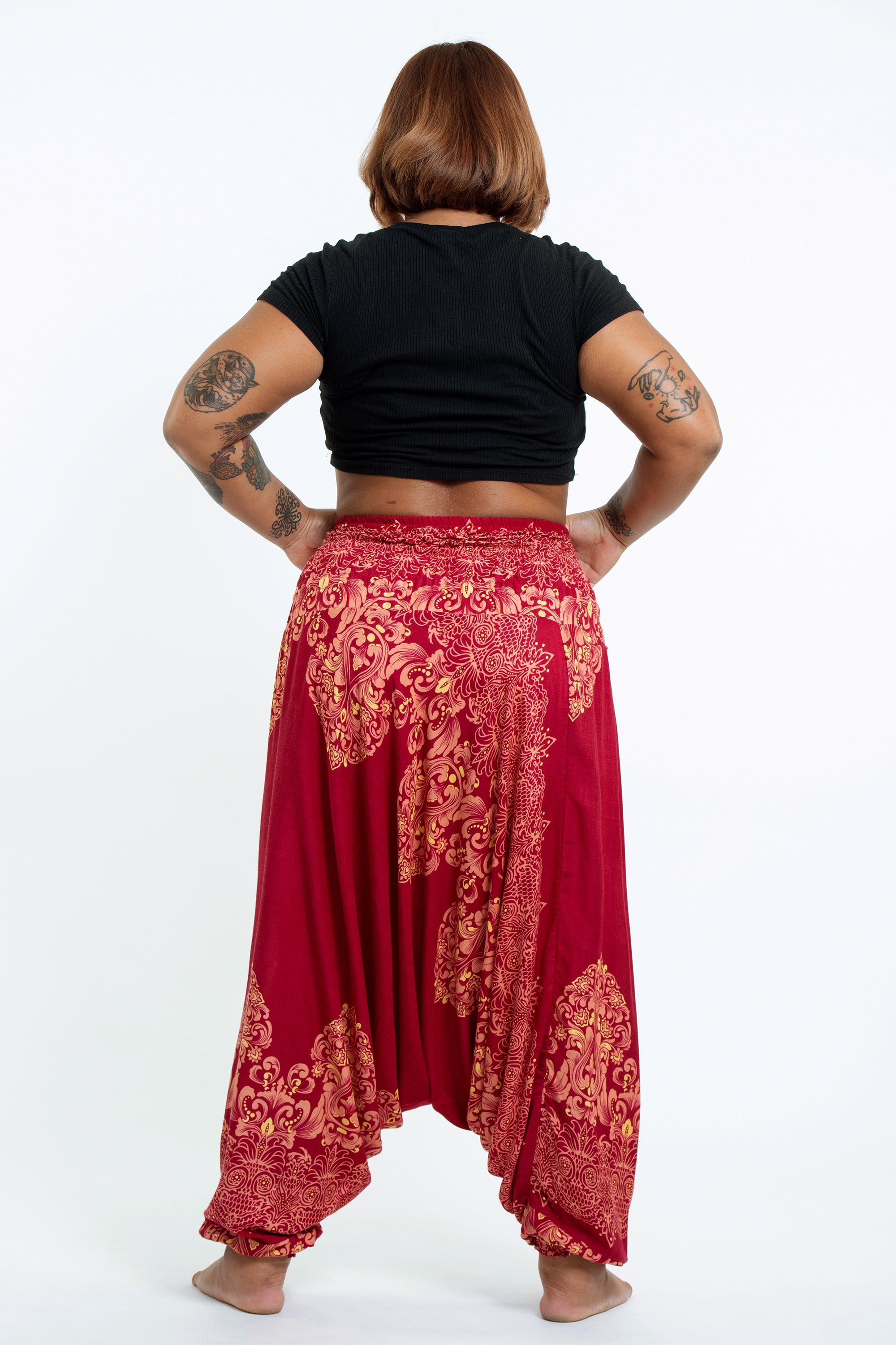 Plus Size Floral Vines 2-in-1 Jumpsuit Harem Pants in Red