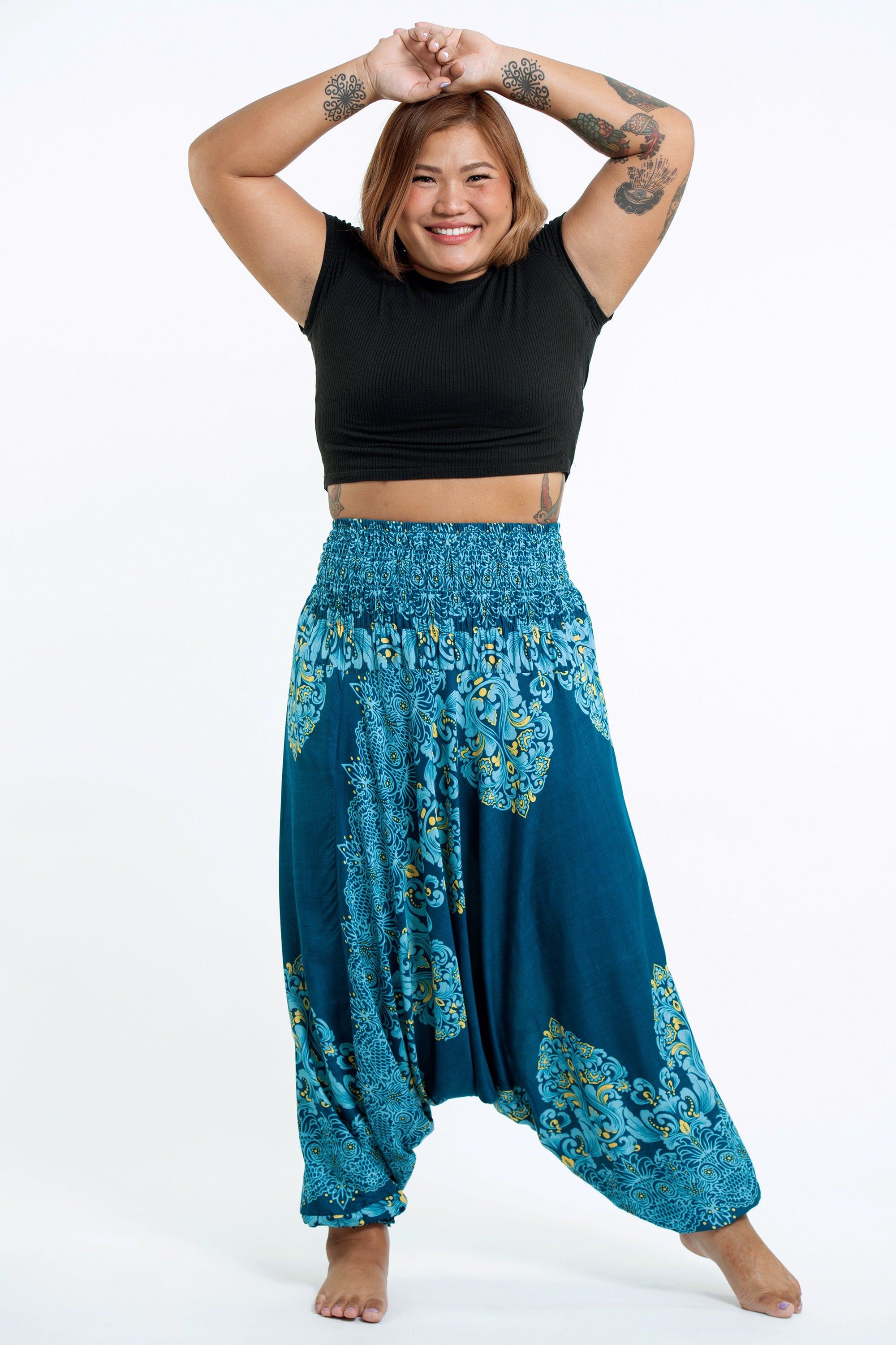 Plus Size Floral Vines 2-in-1 Jumpsuit Harem Pants in Turquoise