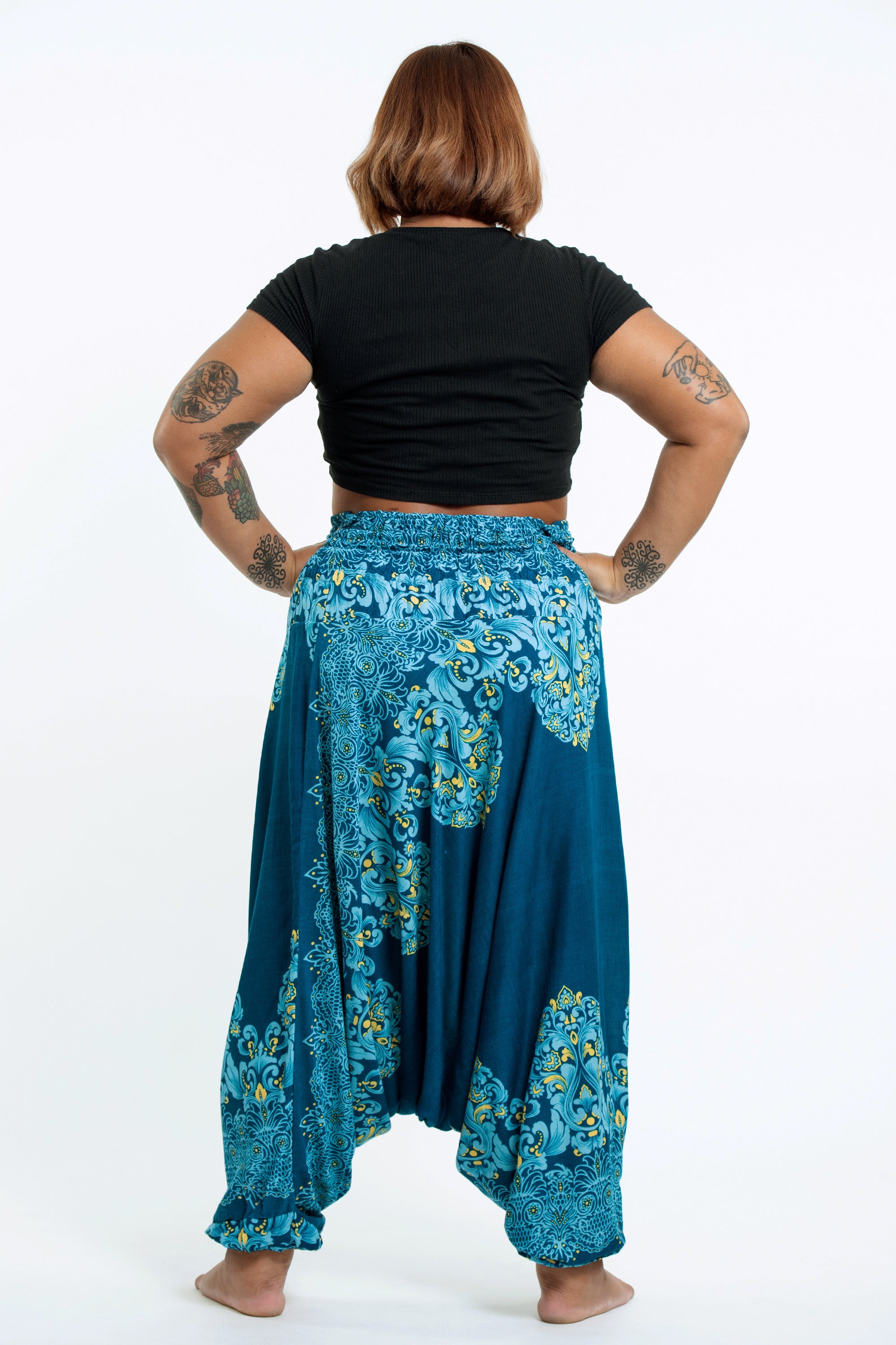Plus Size Floral Vines 2-in-1 Jumpsuit Harem Pants in Turquoise