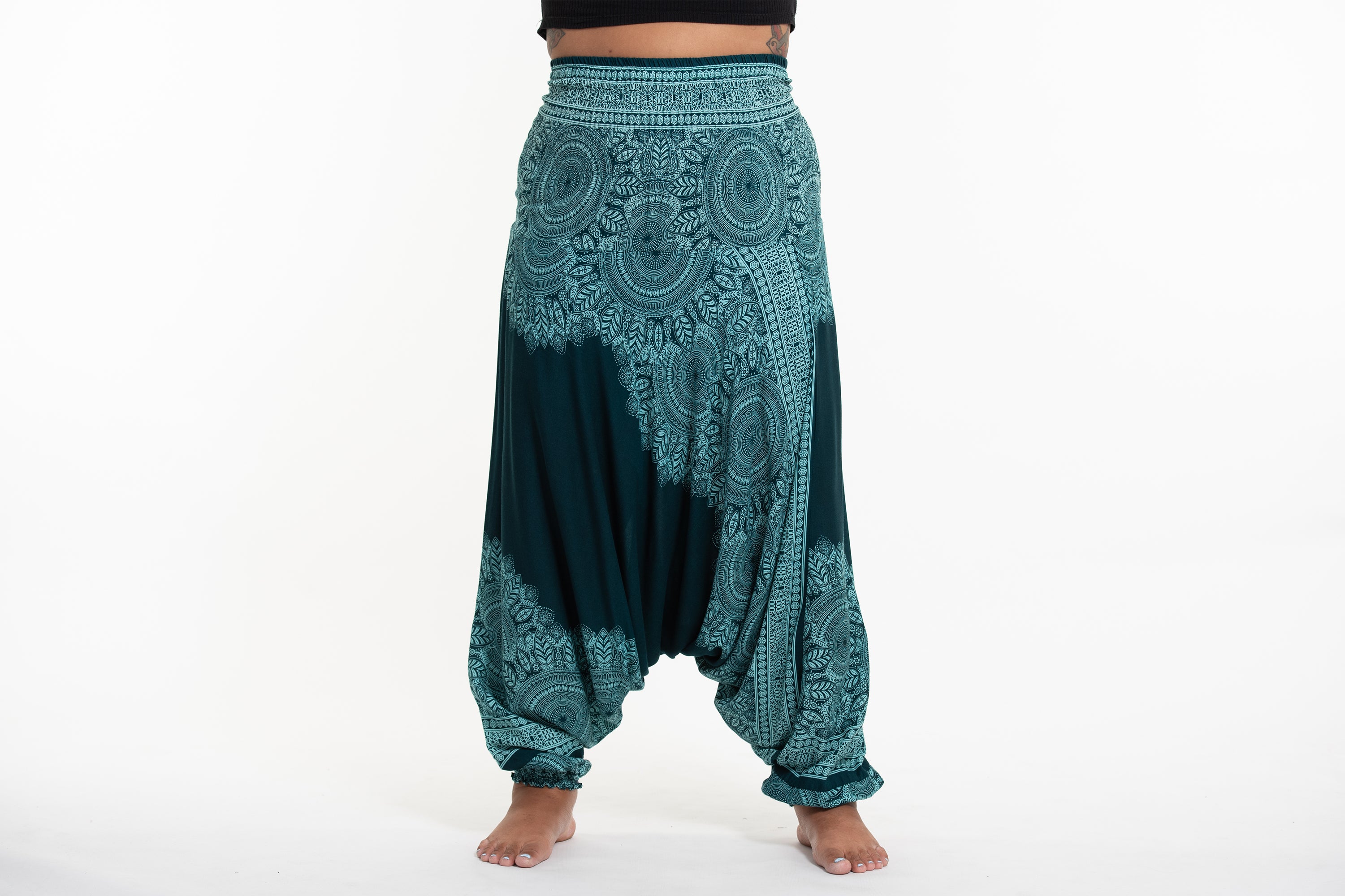 Plus Size Floral Mandalas 2-in-1 Jumpsuit Harem Pants in Teal
