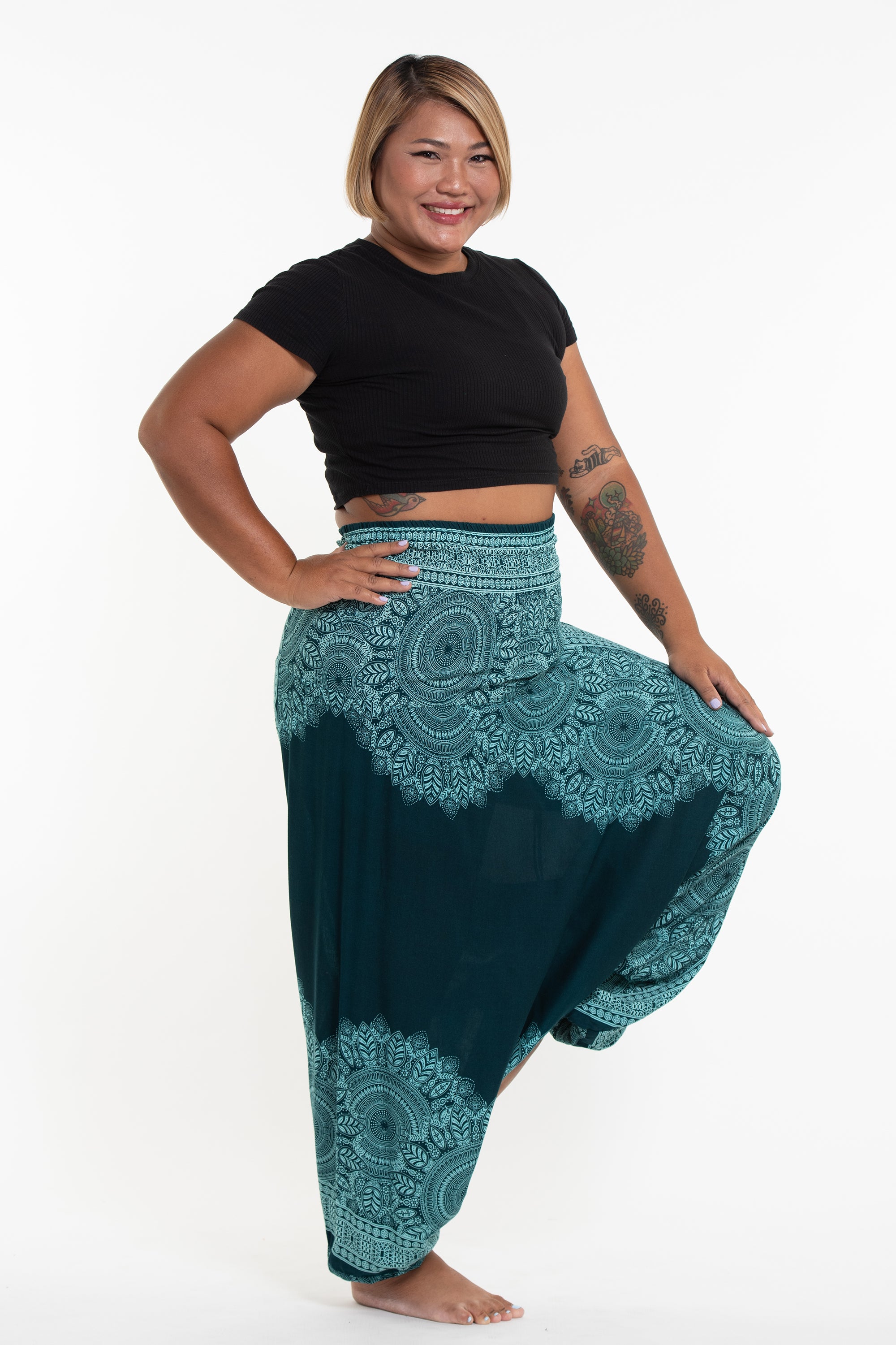 Plus Size Floral Mandalas 2-in-1 Jumpsuit Harem Pants in Teal
