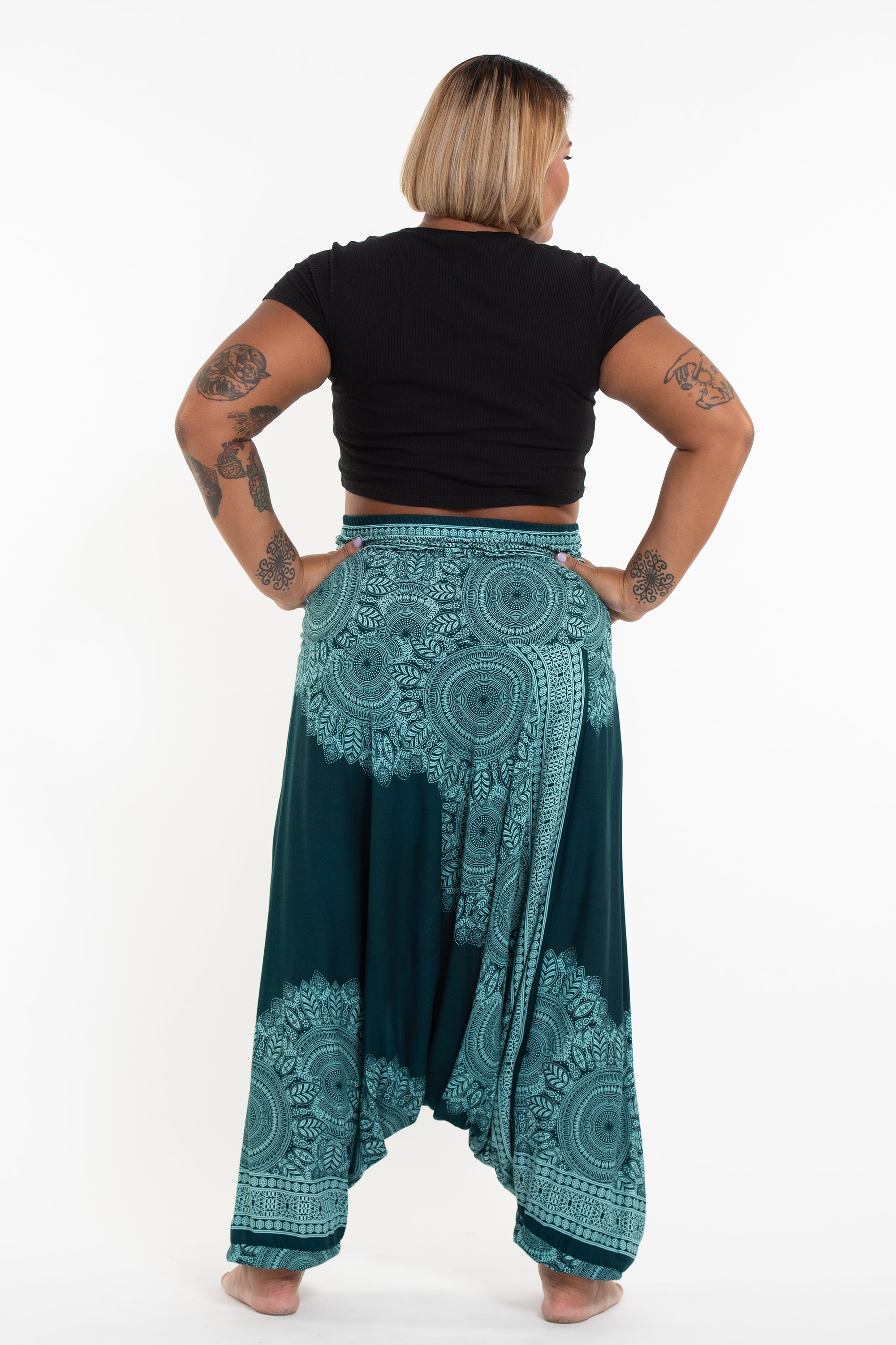 Plus Size Floral Mandalas 2-in-1 Jumpsuit Harem Pants in Teal