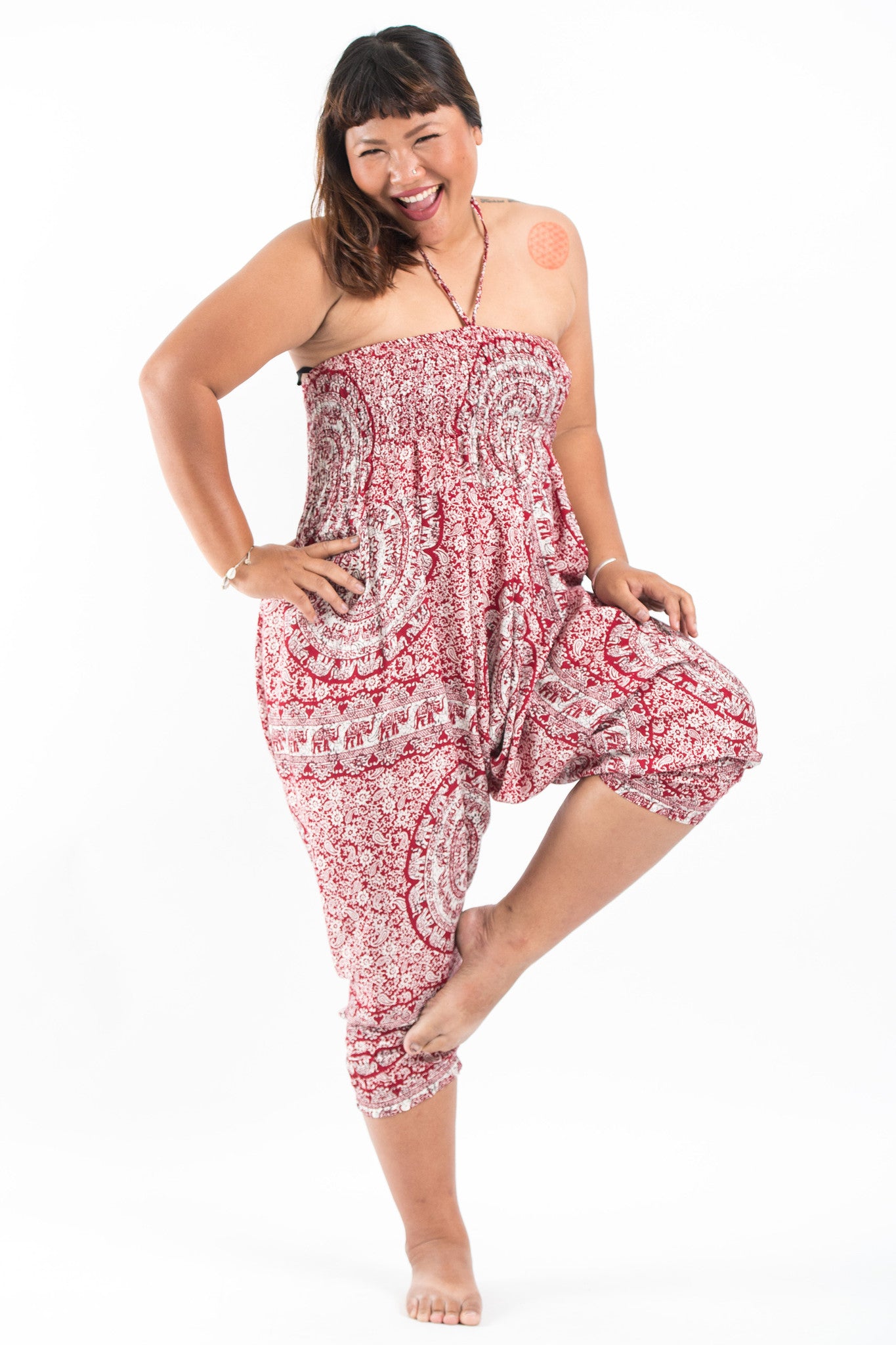 Plus Size Paisley Elephant 2-in-1 Jumpsuit Elephant Pants in Red