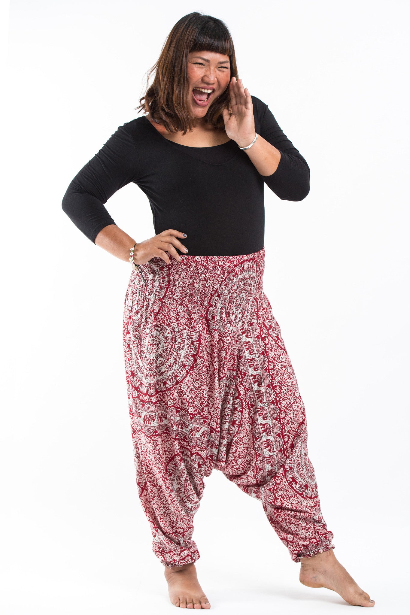 Plus Size Paisley Elephant 2-in-1 Jumpsuit Elephant Pants in Red