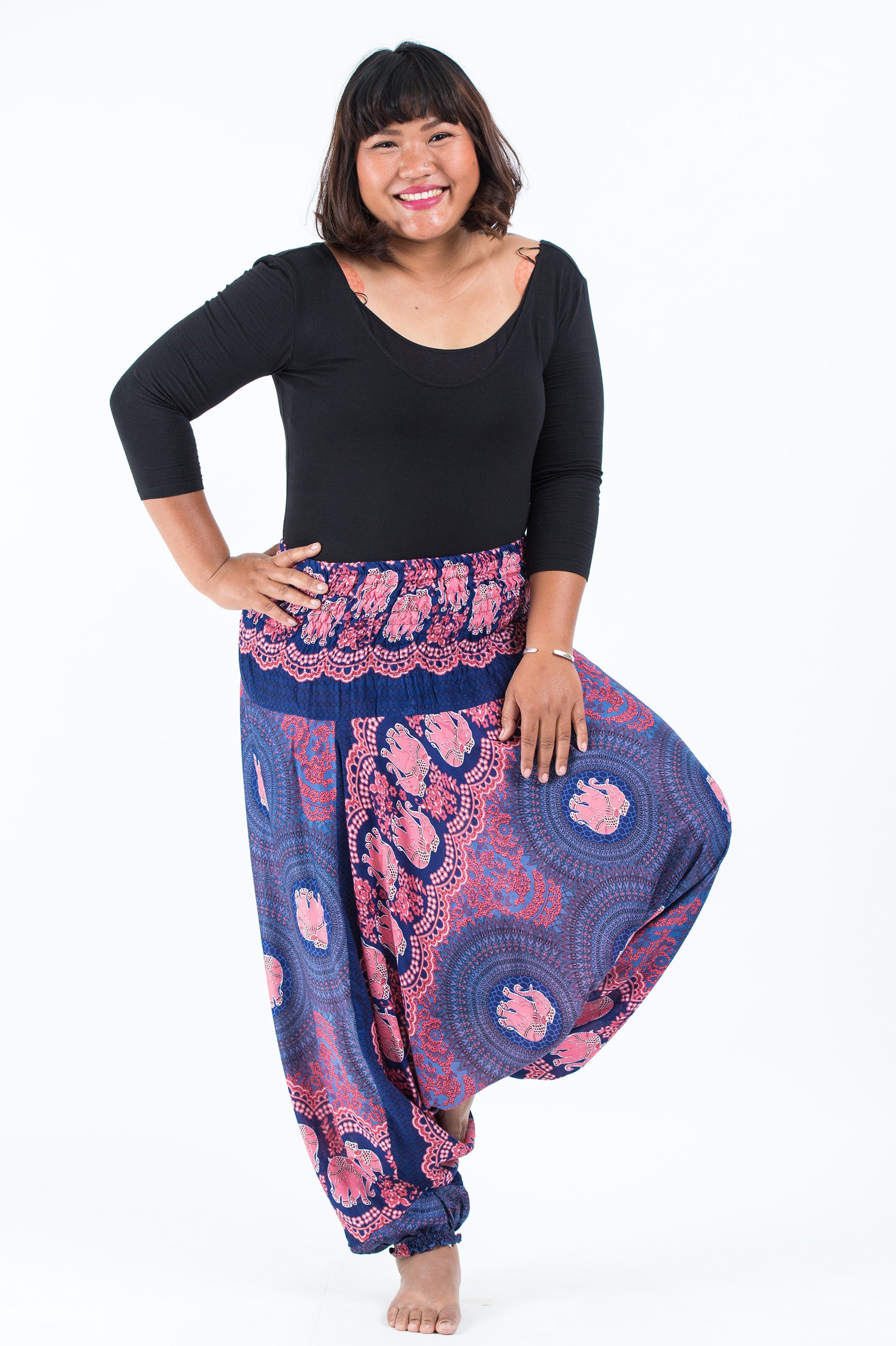 Plus Size Mandala Elephant 2-in-1 Jumpsuit Elephant Pants in Blue