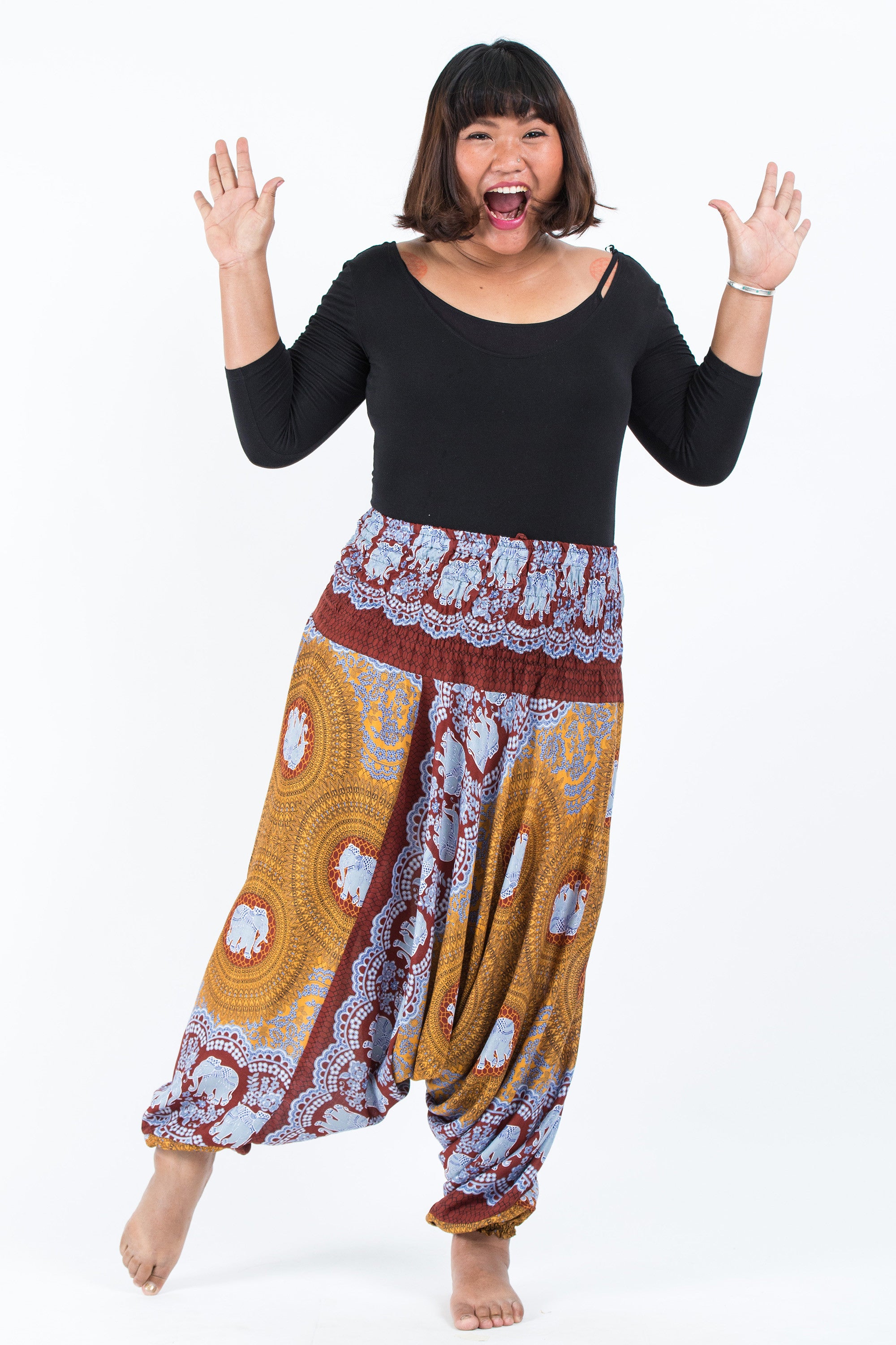 Plus Size Mandala Elephant 2-in-1 Jumpsuit Elephant Pants in Bronze