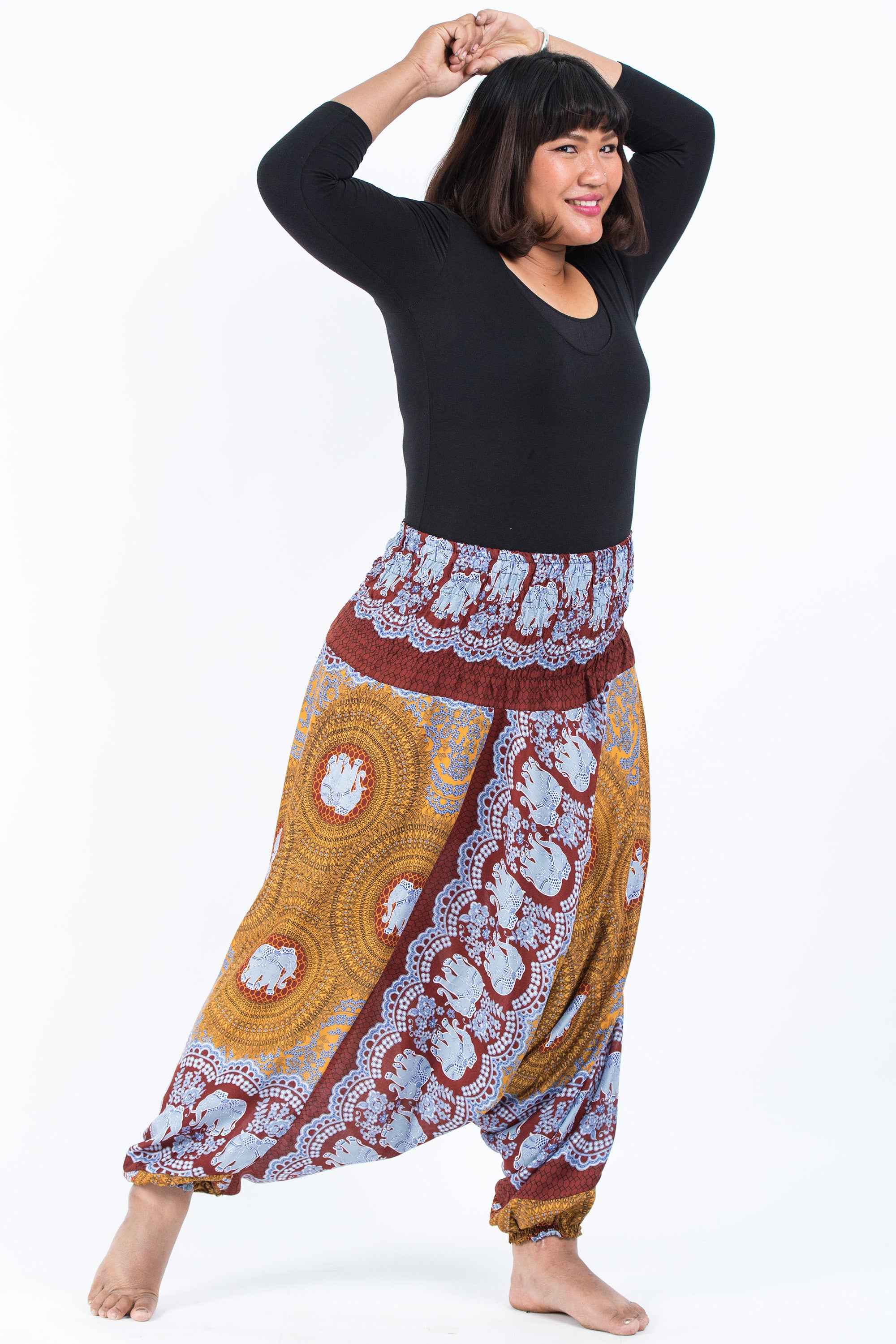 Plus Size Mandala Elephant 2-in-1 Jumpsuit Elephant Pants in Bronze