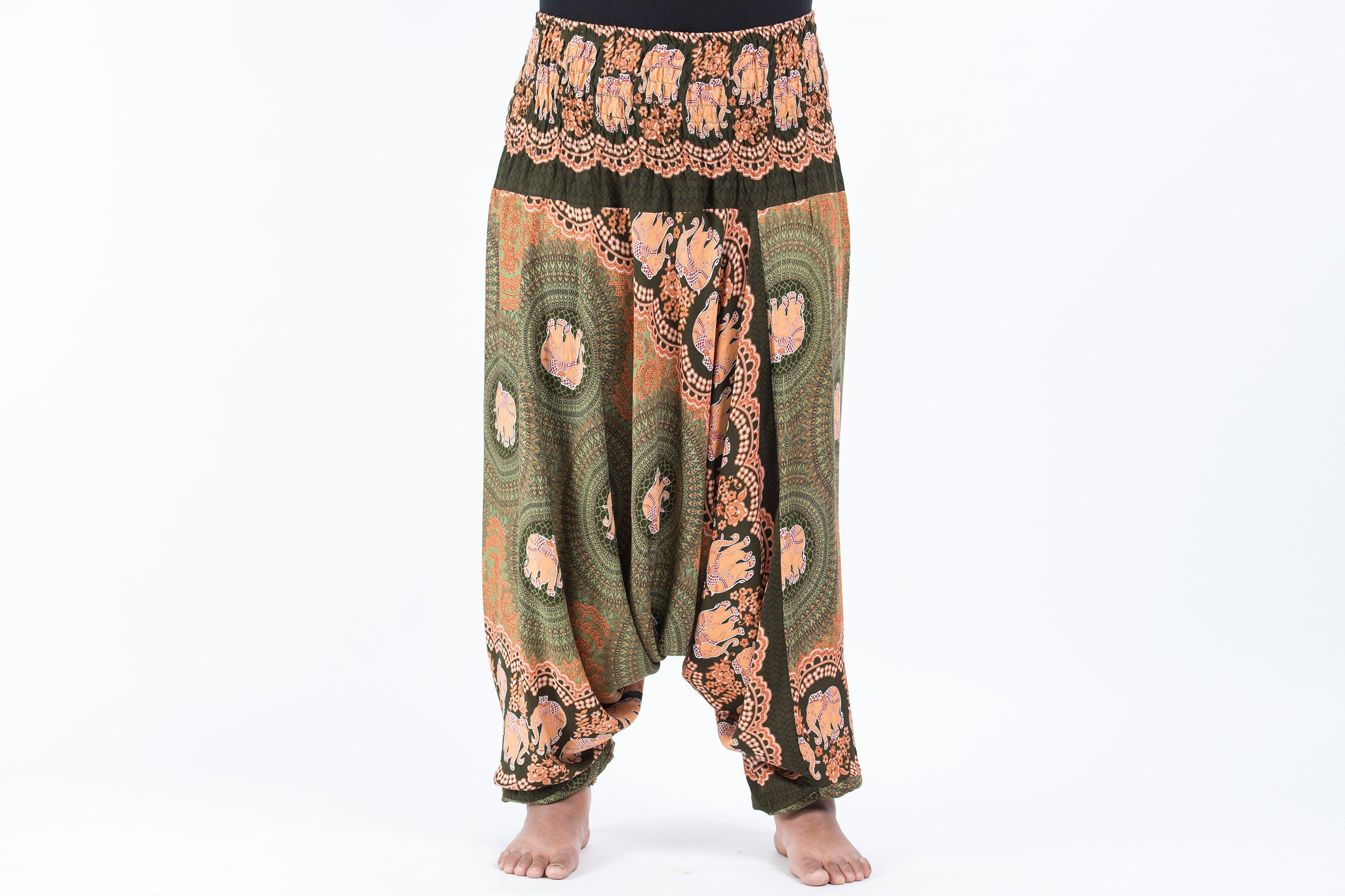Plus Size Mandala Elephant 2-in-1 Jumpsuit Elephant Pants in Olive
