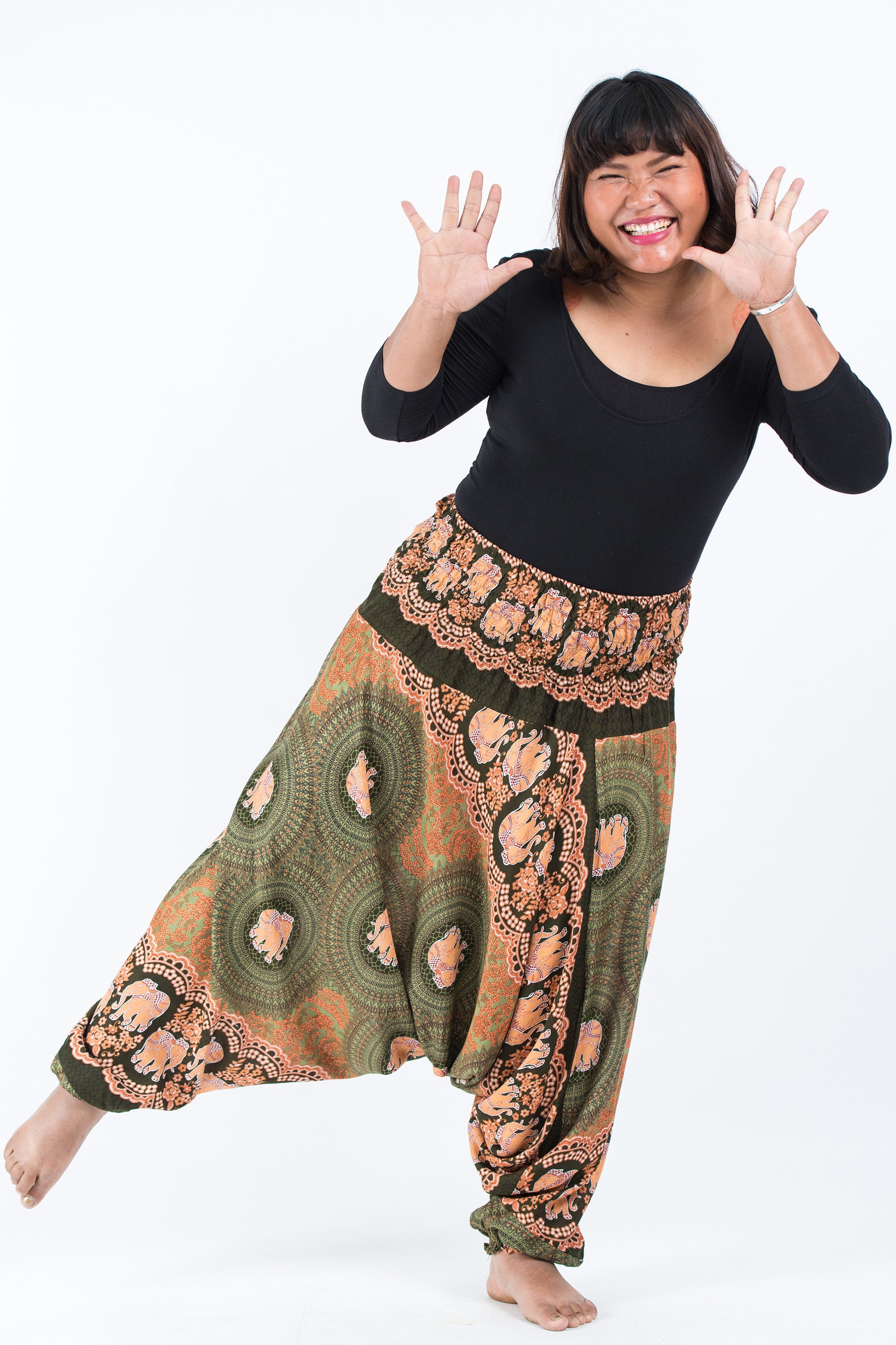 Plus Size Mandala Elephant 2-in-1 Jumpsuit Elephant Pants in Olive