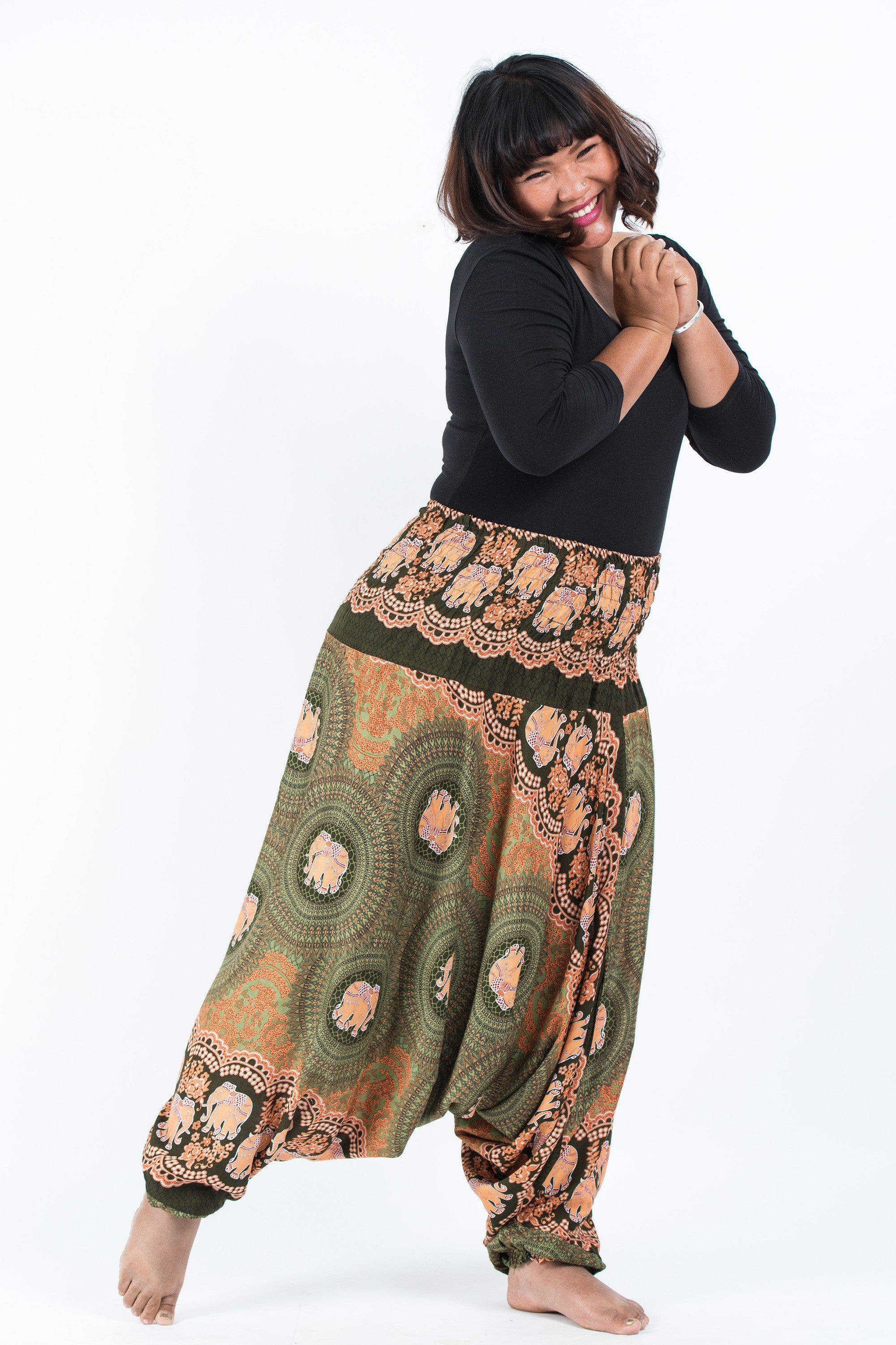 Plus Size Mandala Elephant 2-in-1 Jumpsuit Elephant Pants in Olive