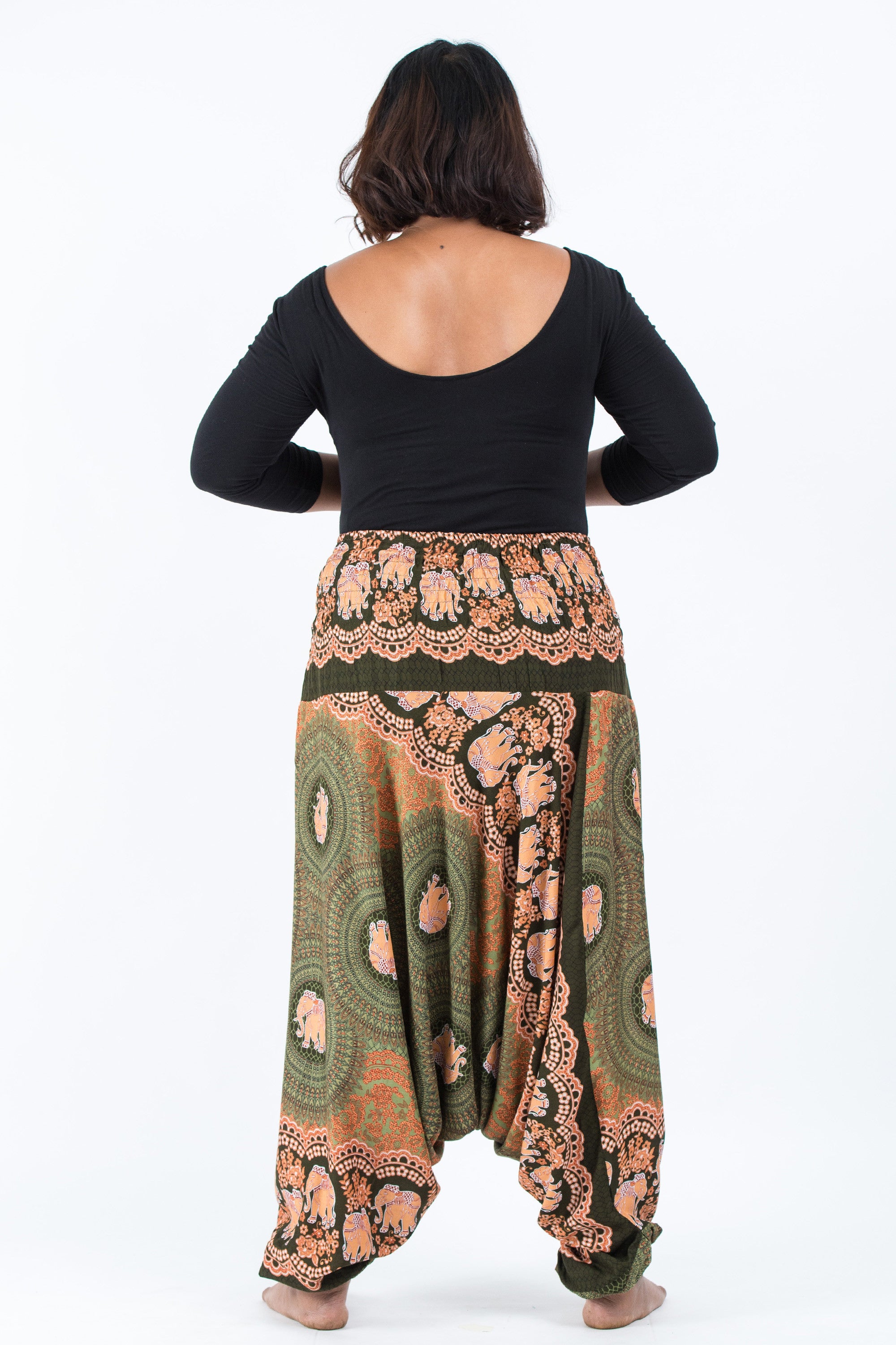 Plus Size Mandala Elephant 2-in-1 Jumpsuit Elephant Pants in Olive