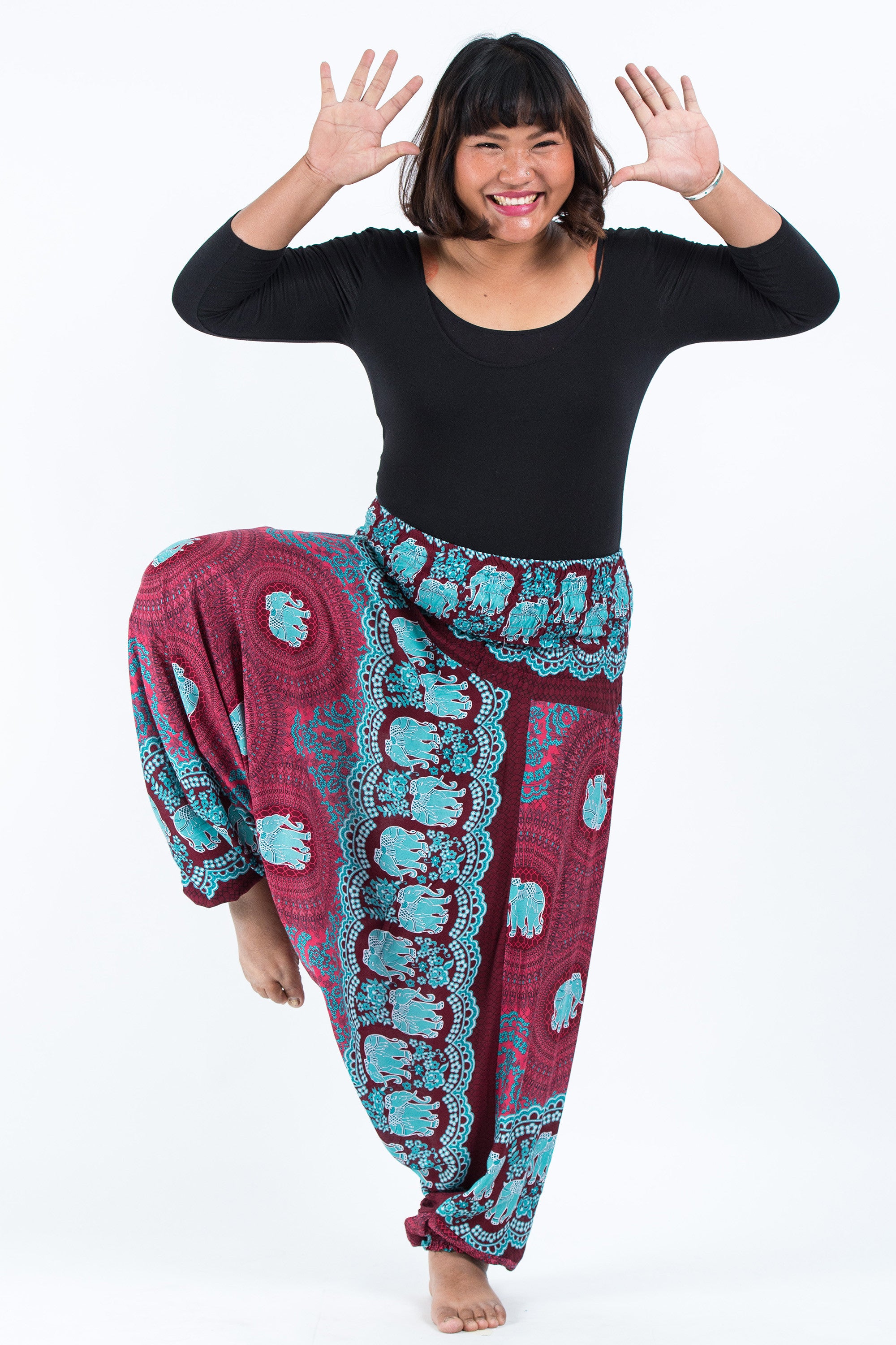 Plus Size Mandala Elephant 2-in-1 Jumpsuit Elephant Pants in Red